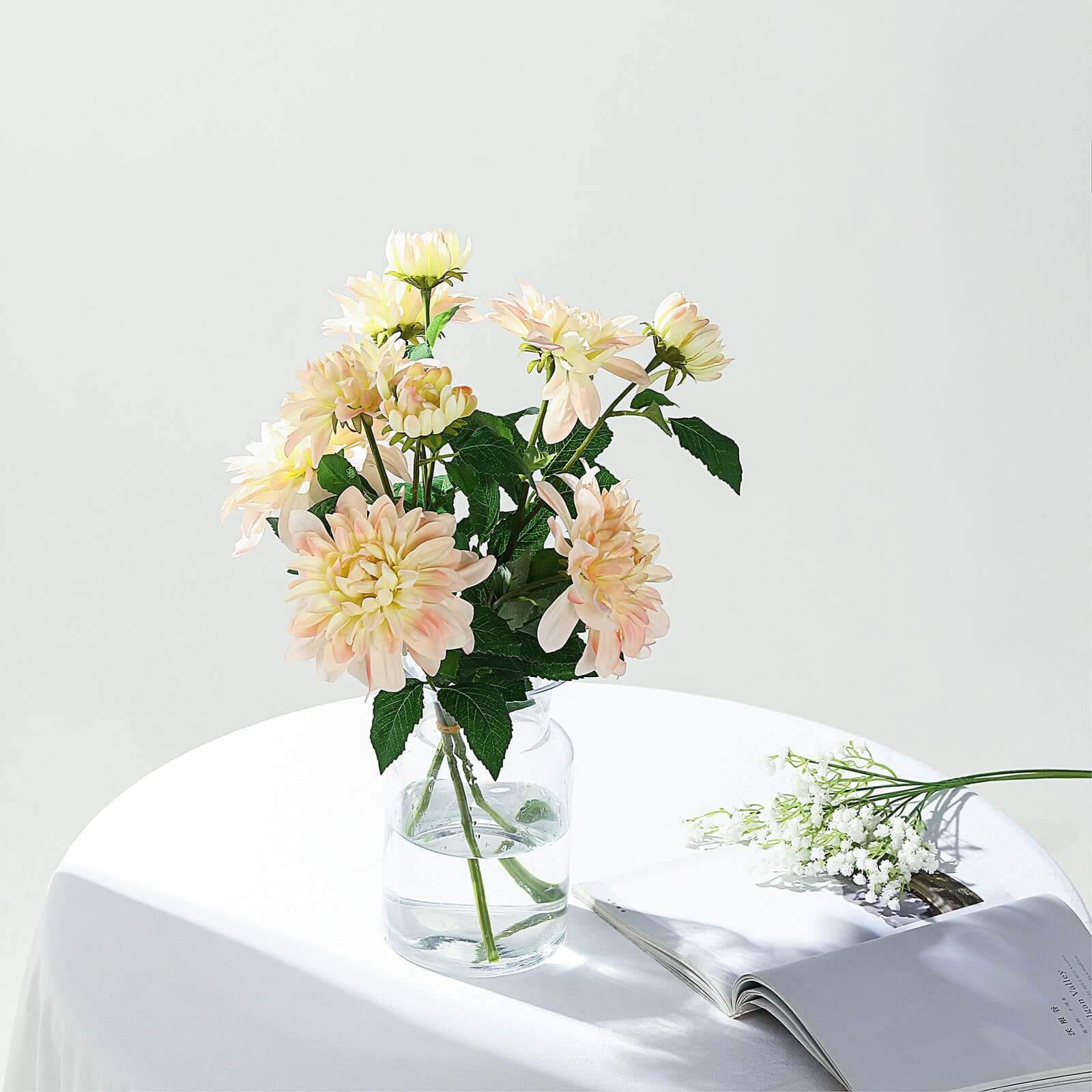 30 Tall Blush Cream Artificial Dahlia Silk Flower Stems, Faux Floral Spray