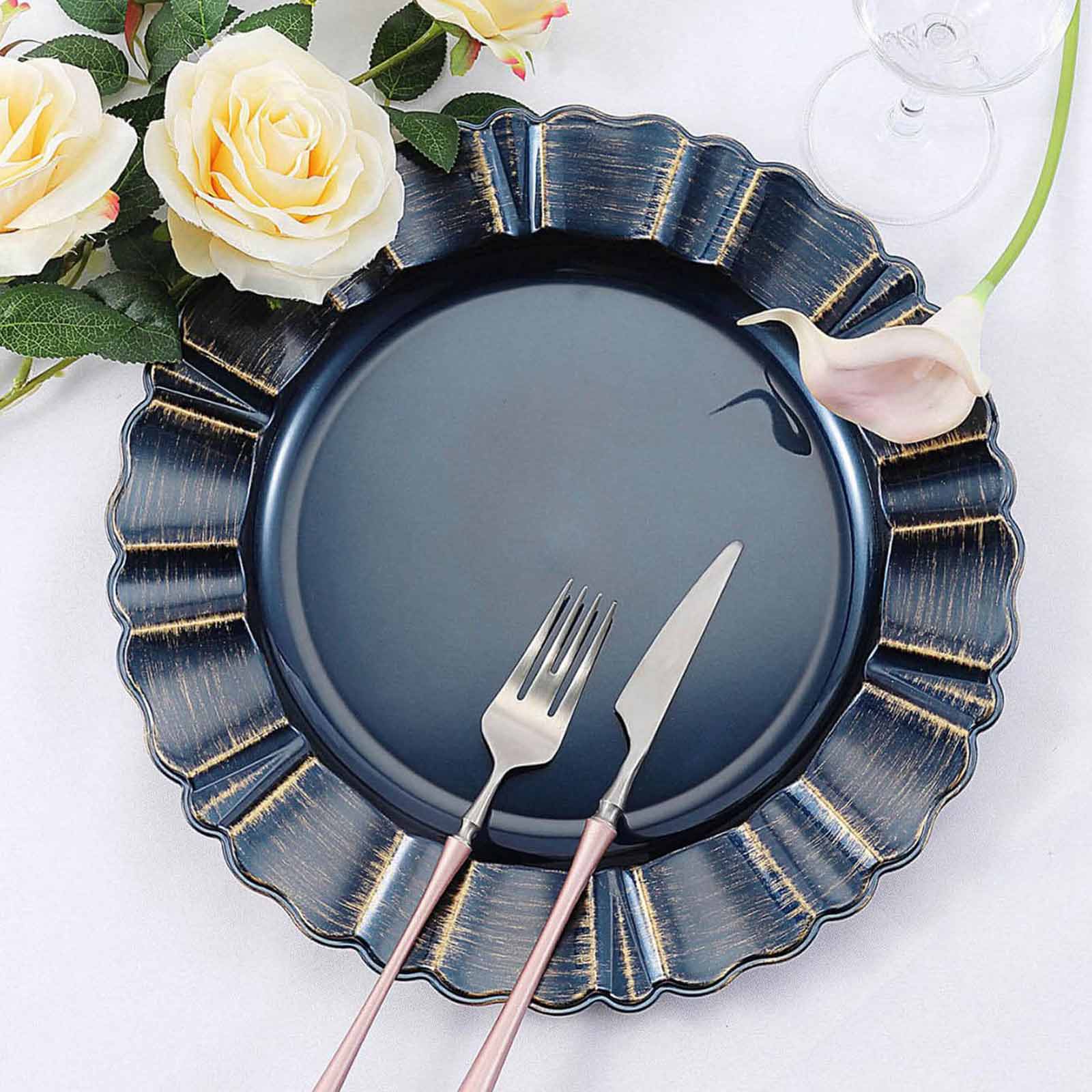 6-Pack Acrylic Plastic Round Charger Plates 13 in Navy Blue with Gold Brushed Wavy Scalloped Rim, Decorative Dinner Party Charger Tableware