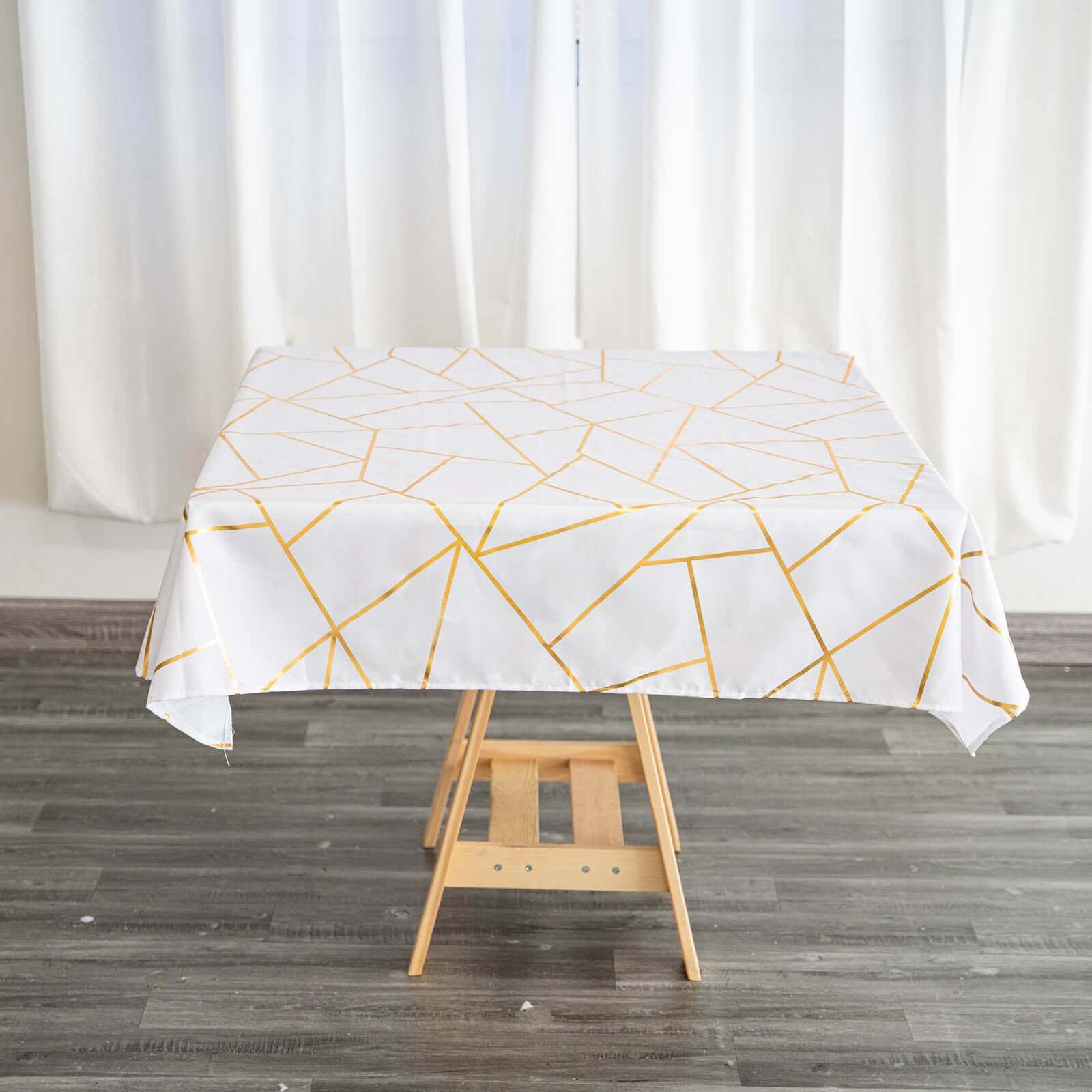 Polyester 54x54 Square Tablecloth White with Gold Foil Geometric Pattern - Wrinkle-Resistant & Durable for Stylish Settings