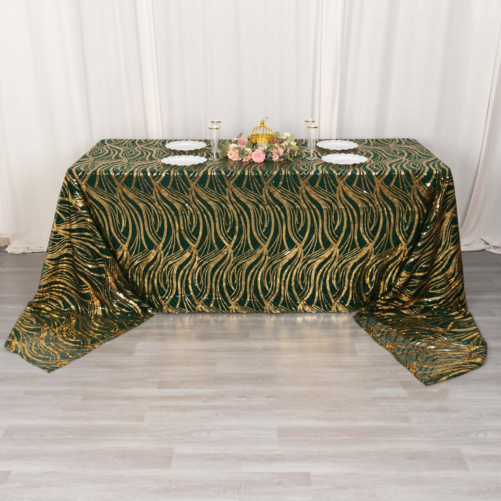 Mesh 90x156 Rectangle Tablecloth Hunter Emerald Green/Gold - Wave Sequin Embroidered Table Cover