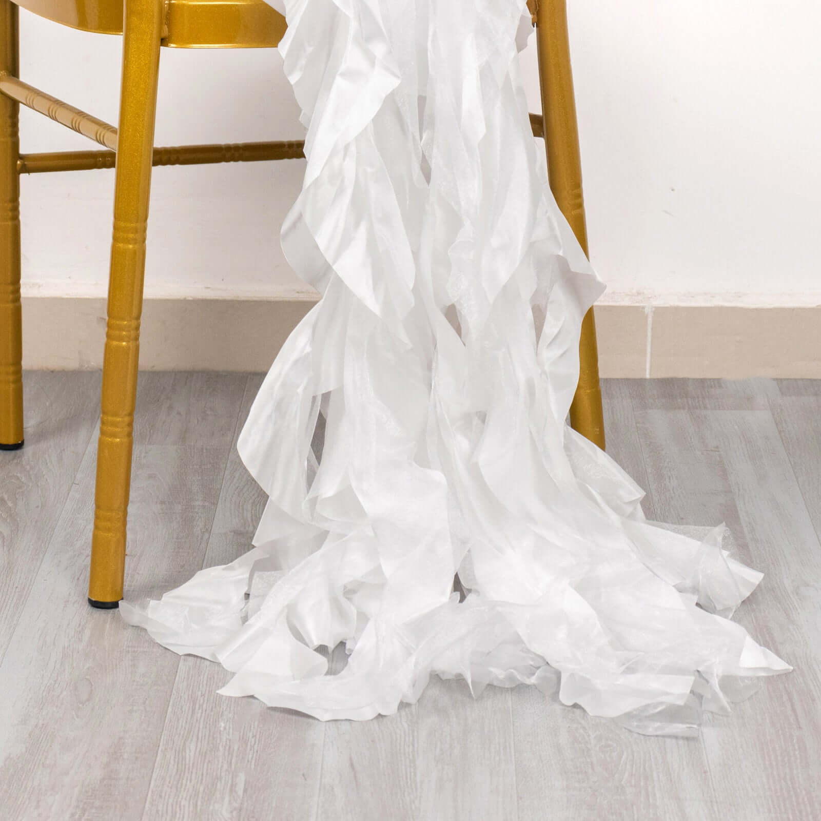 5 Pack Chiffon Satin Chair Sashes White - Easy to Install Lustrous Ruffled Curly Willow Wedding Chair Decorations