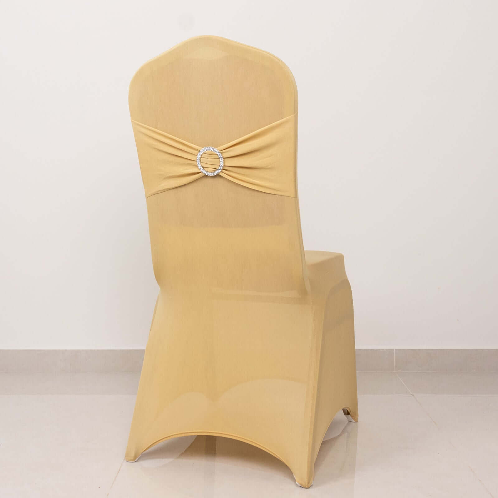 Spandex Chair Cover with Champagne Rhinestone Buckled Sash Band Blush - Stretch Fitted Slipcover
