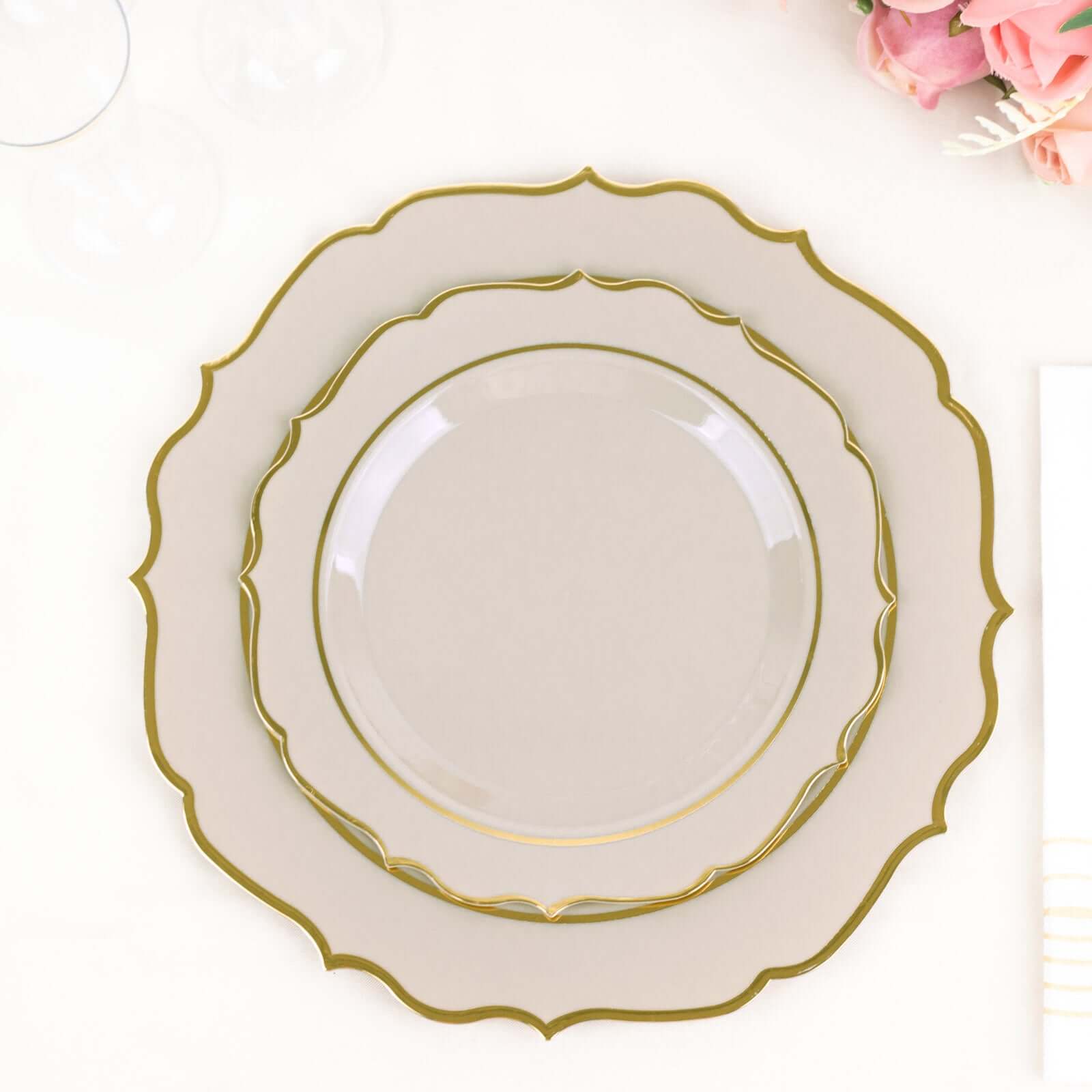 10-Pack Plastic 8 Round Desert Plates in Taupe with Gold Scalloped Rim - Disposable Appetizer/Salad Plates