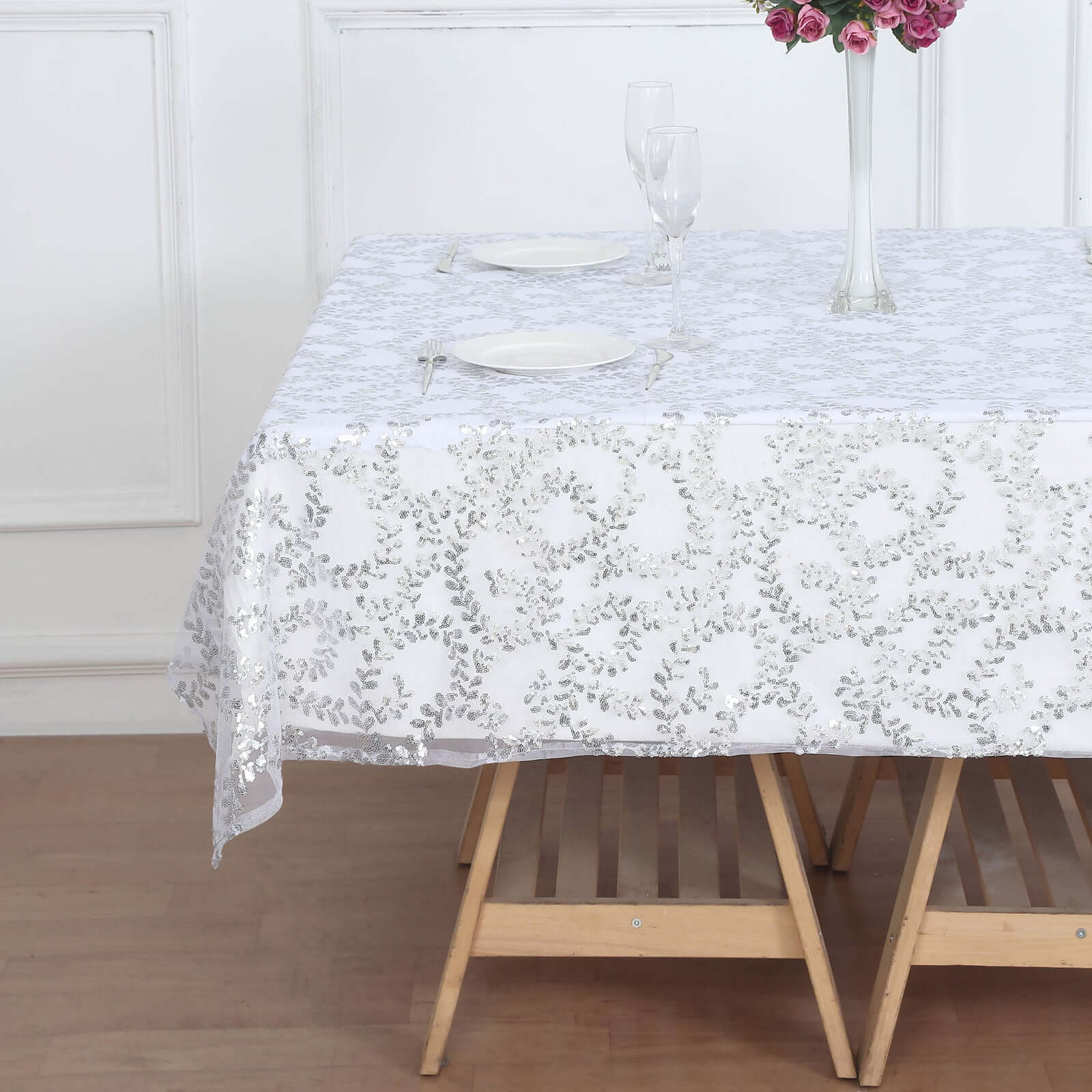 Tulle 72x72 Table Overlay Square Tablecloth Silver - Sequin Leaf Embroidered Table Topper