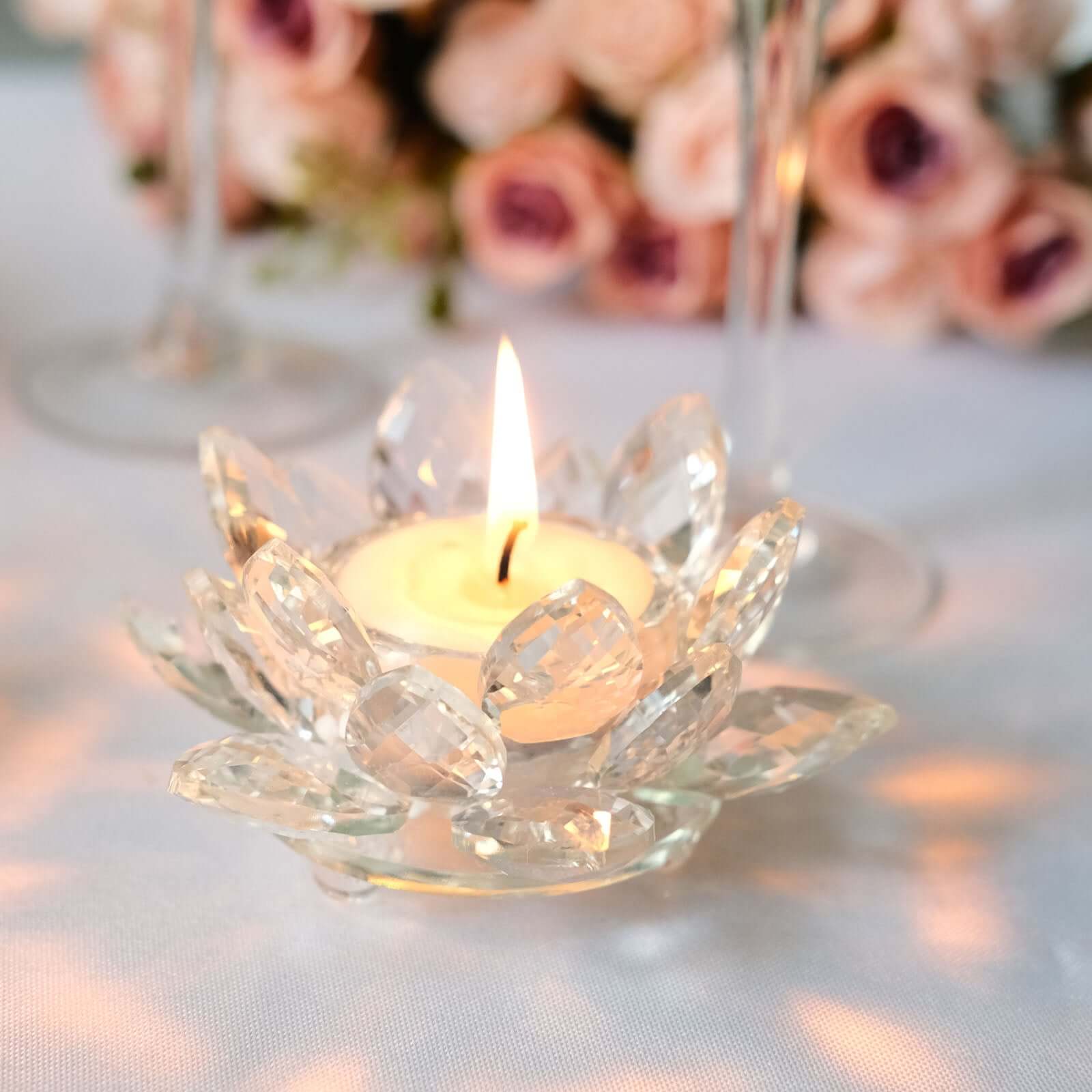 2 Pack Clear 4.5 Crystal Glass Lotus Flower Votive Candle Holders, Tealight Taper Candle Stands