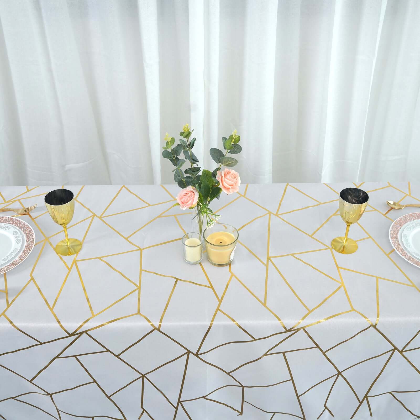 Polyester 60x102 Rectangle Tablecloth White with Gold Foil Geometric Pattern - Wrinkle-Resistant and Durable Table Cover for Weddings & Events