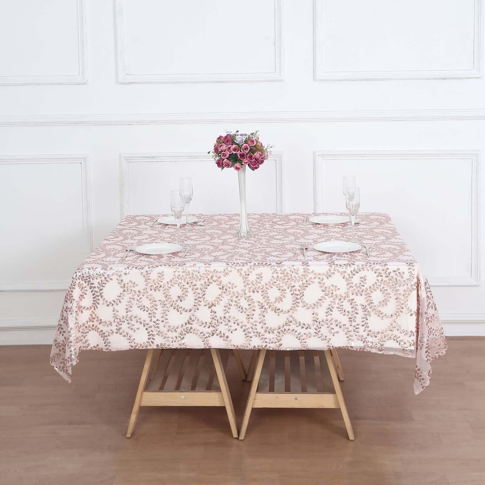 Tulle 72x72 Table Overlay Square Tablecloth Rose Gold - Sequin Leaf Embroidered Table Topper