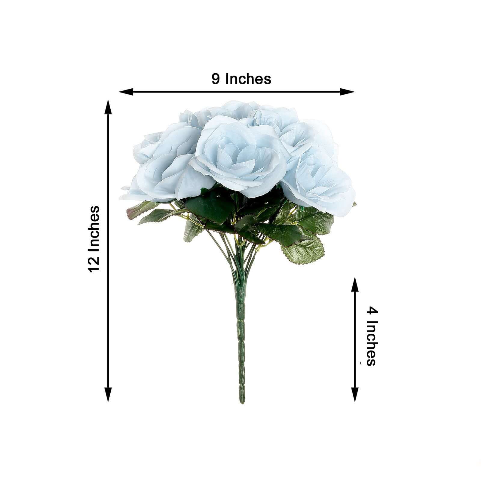 12 Ice Blue Artificial Velvet-Like Fabric Rose Flower Bouquet Bush