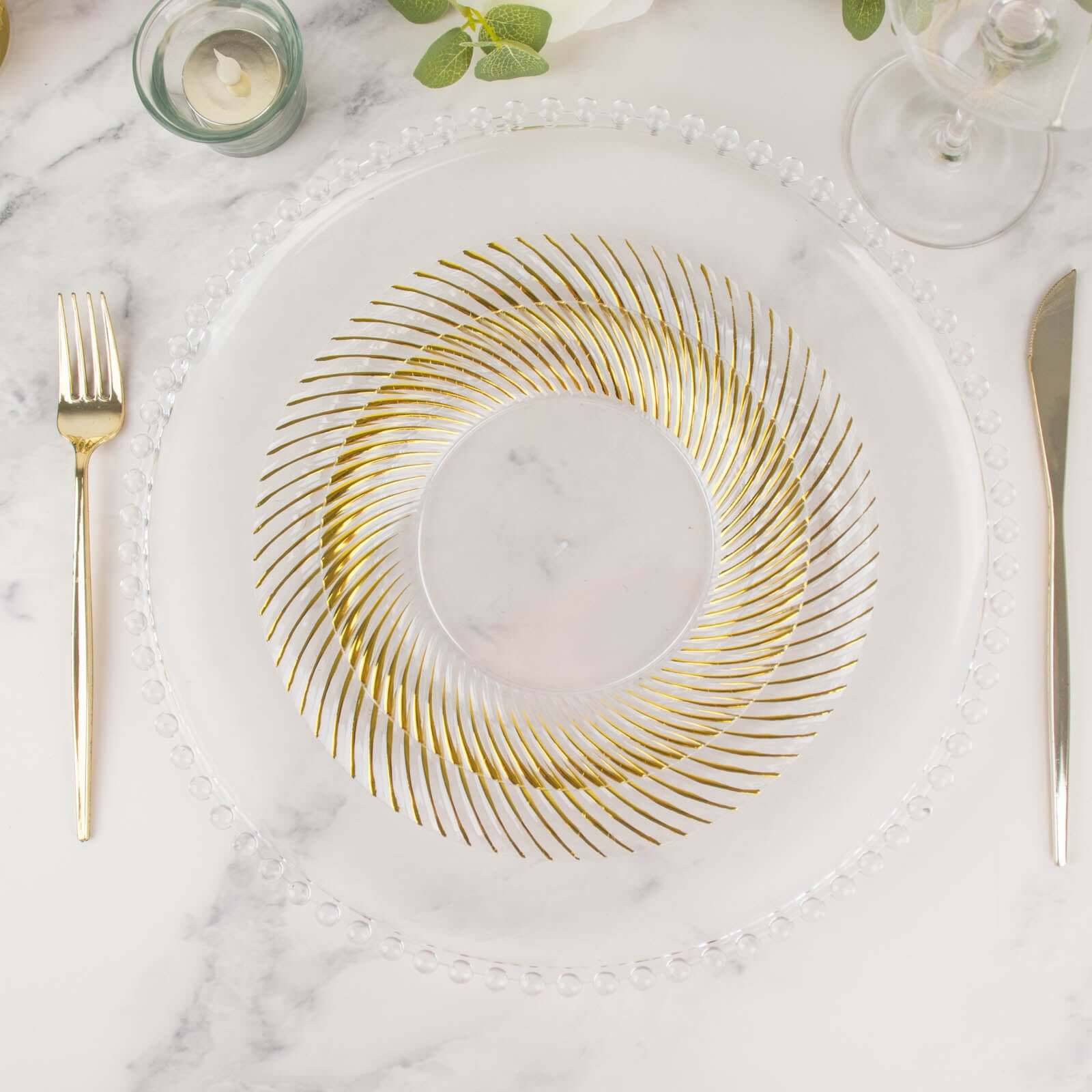 10-Pack Plastic 9 Round Dinner Plates Clear with Gold Swirl Rim - Disposable Party Plates for Classy Events & Banquets