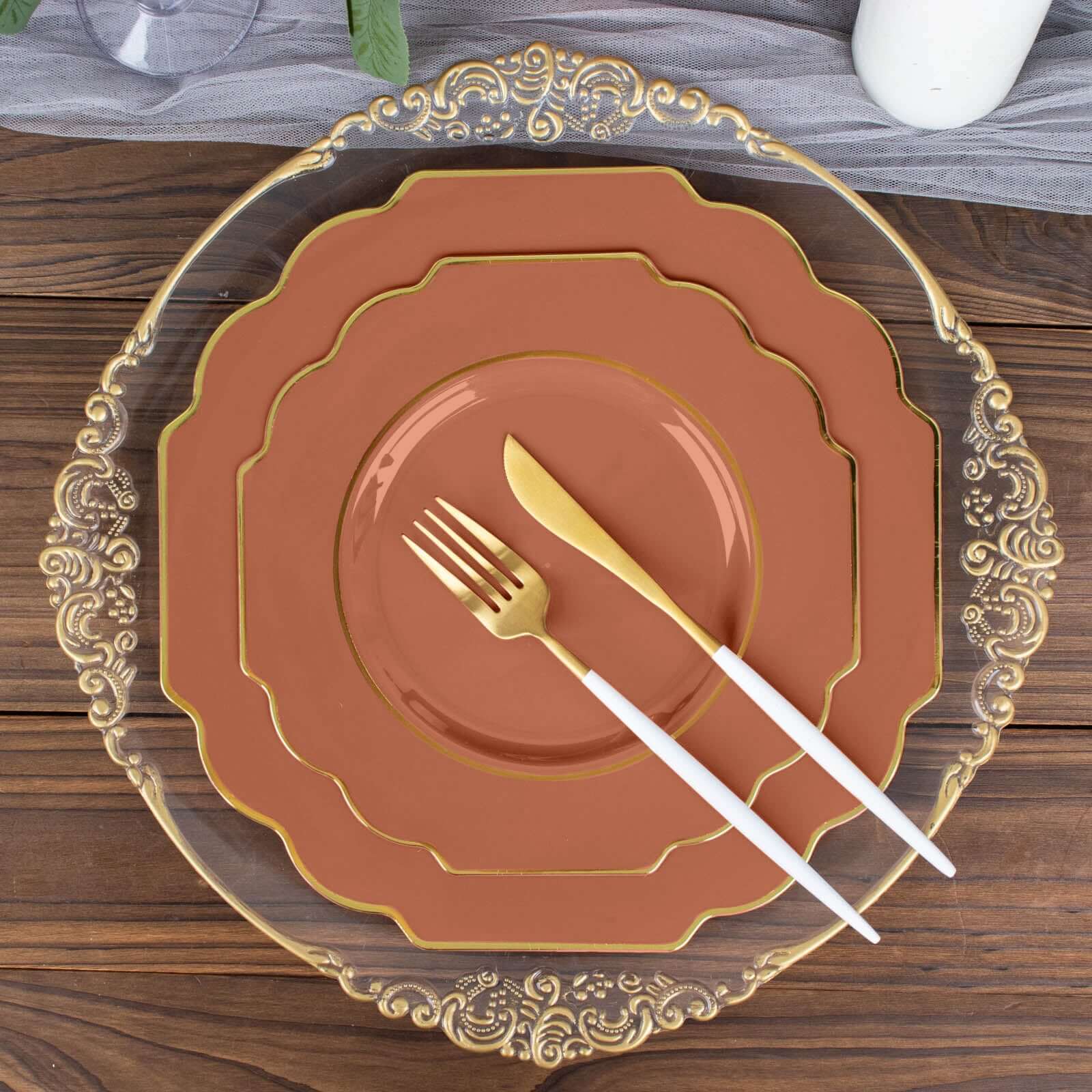 10-Pack Plastic Dinner Plates in Terracotta (Rust) Baroque Design with Scalloped Gold Rim - Heavy Duty Disposable Party Plates 11