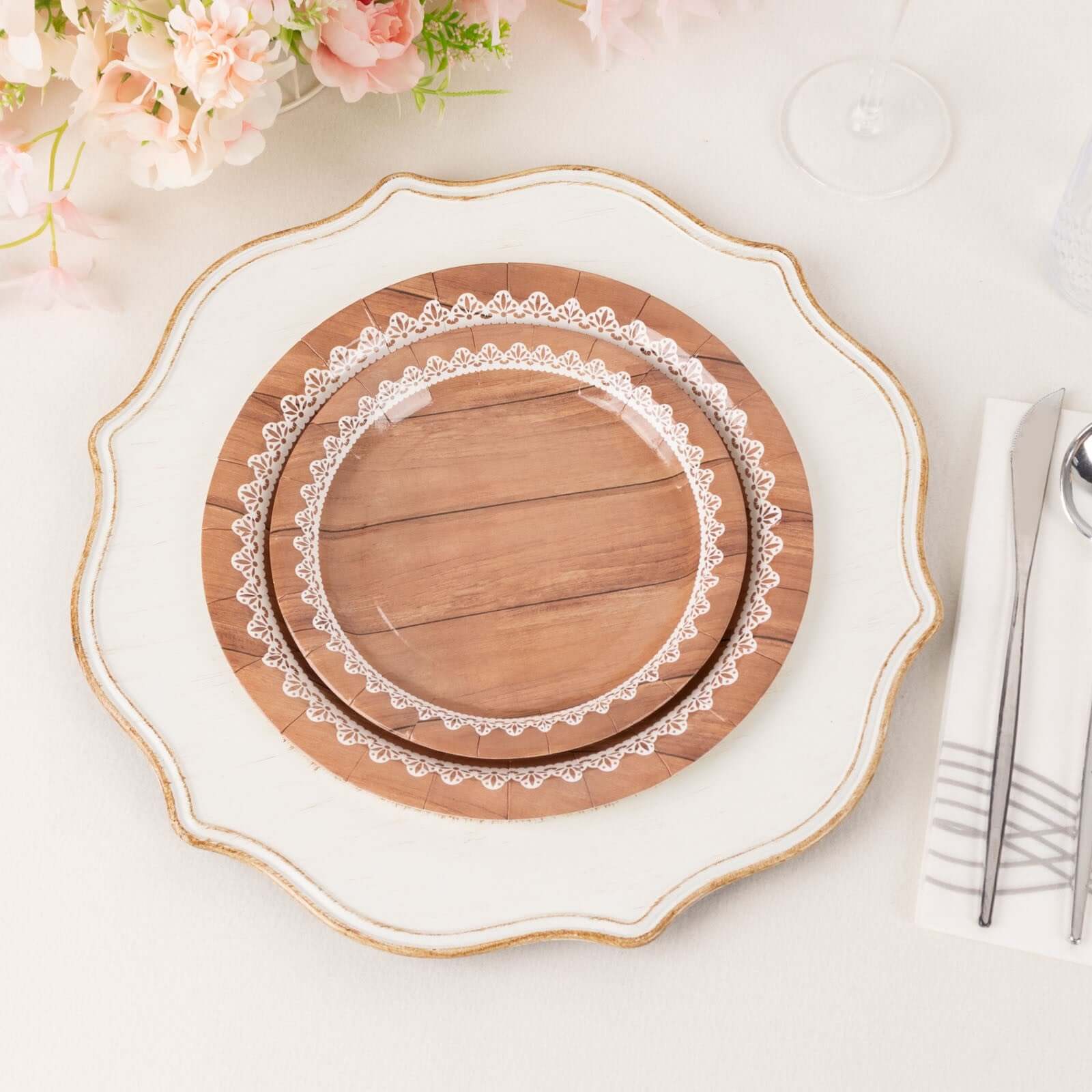 25-Pack Paper 9 Round Dinner Plates in Brown Wood Grain Print with White Floral Lace Rim - Disposable Party Plates for Rustic Farmhouse Style Events