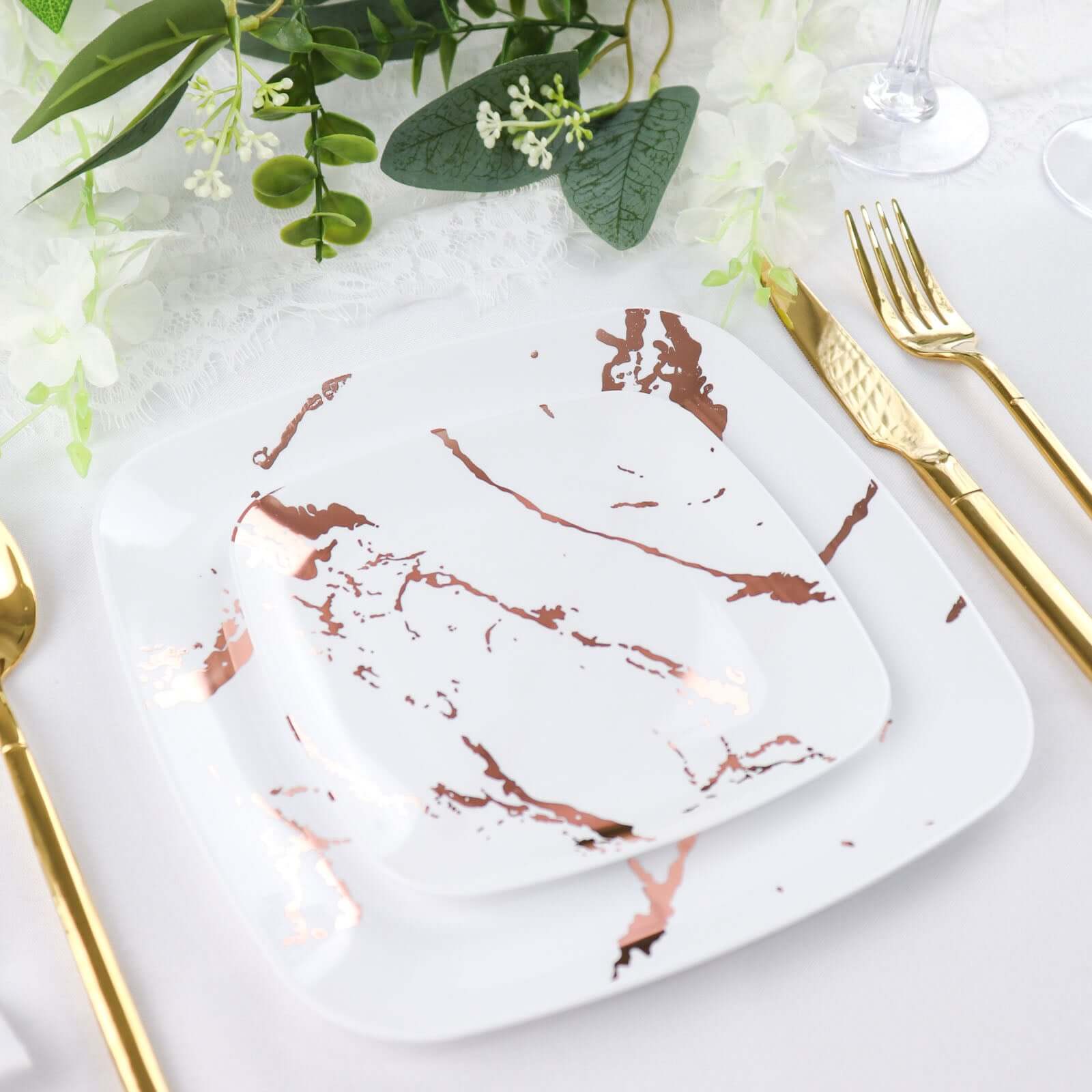 10-Pack Plastic 6 Square Appetizer Snack Plates in White with Rose Gold Marble Design - Disposable Dessert Party Plates for Weddings, Banquets & Special Events