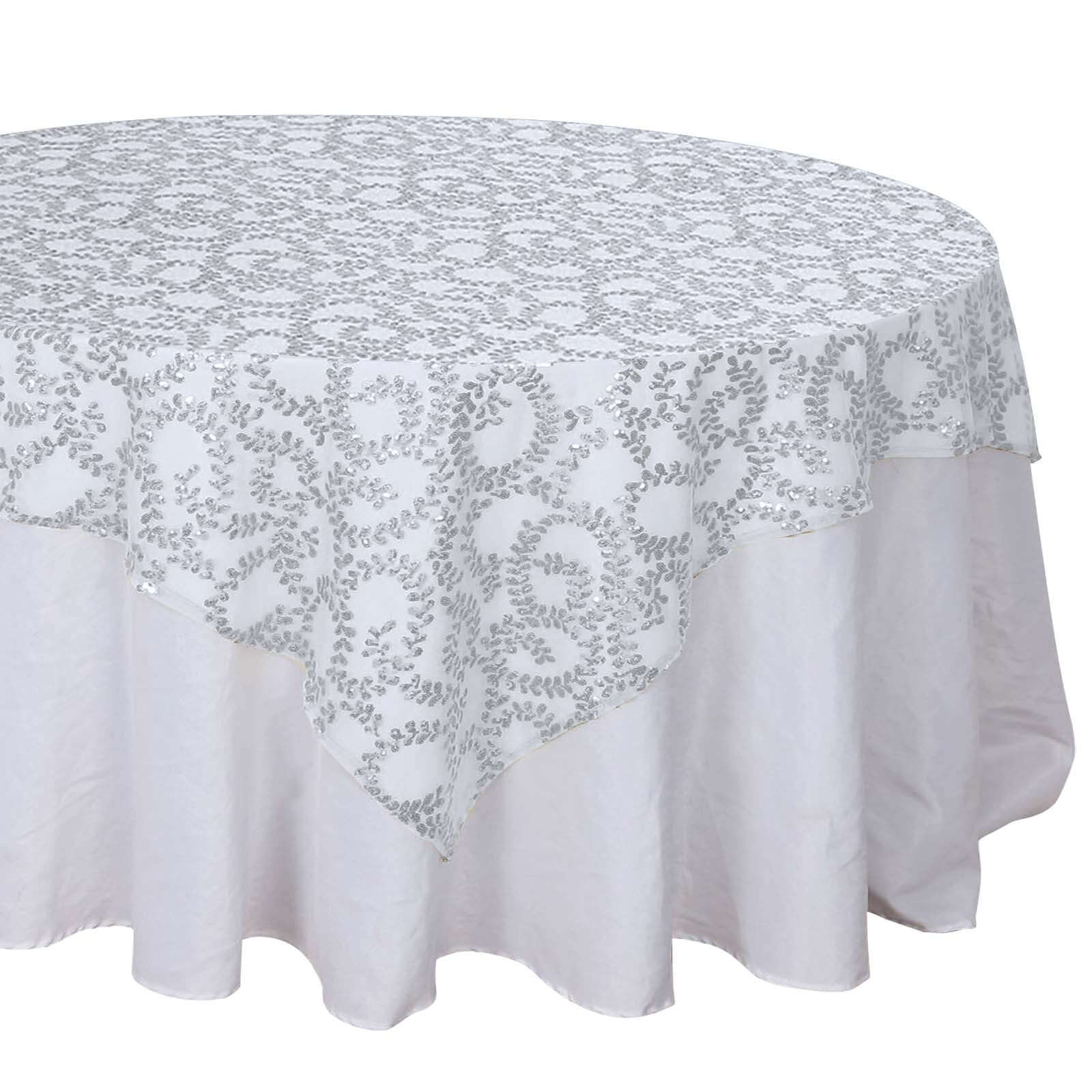 Tulle 72x72 Table Overlay Square Tablecloth Silver - Sequin Leaf Embroidered Table Topper