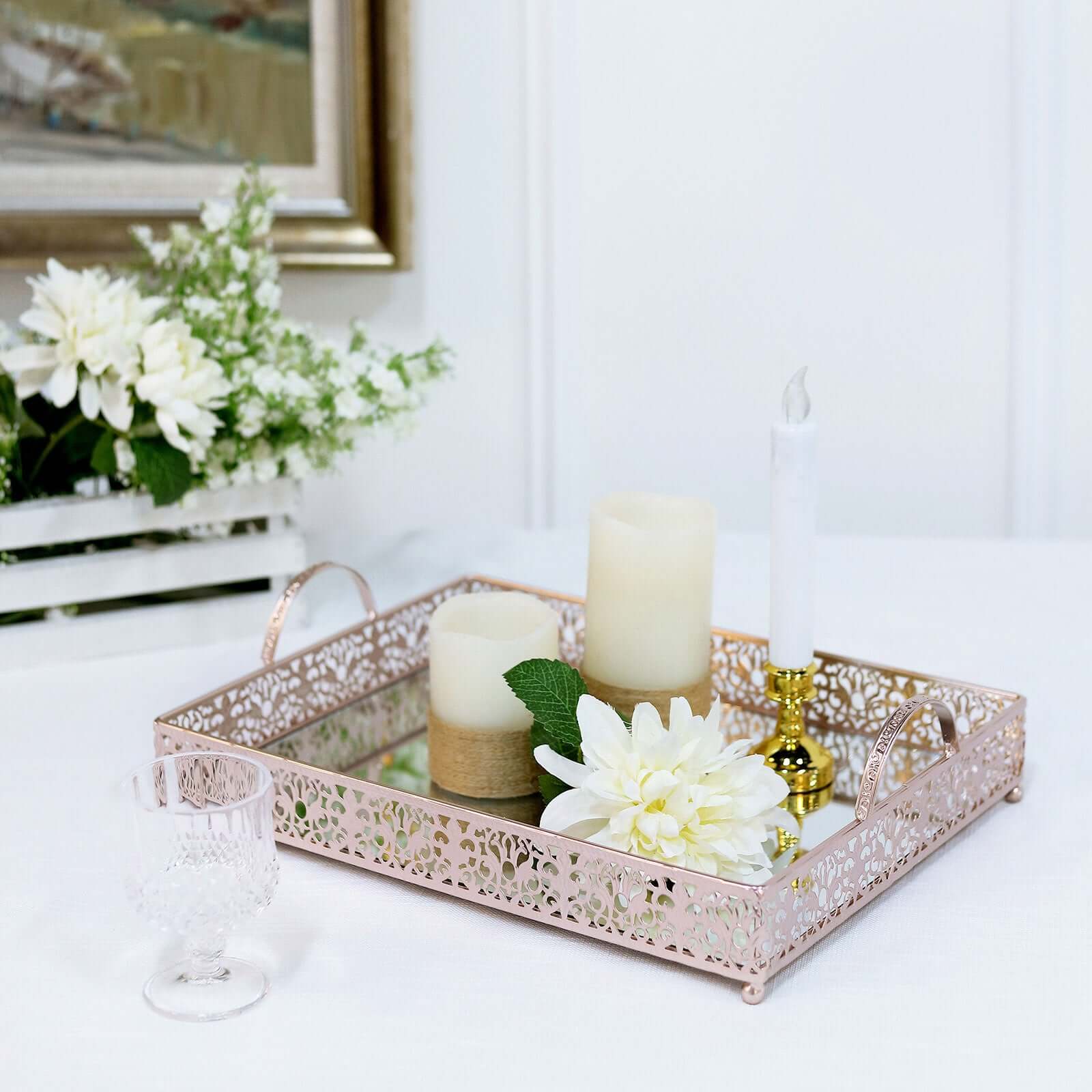 Metal Mirrored Rectangle Serving Tray 16x12 in Rose Gold Fleur De Lis Design with Handles, French Inspired Decorative Vanity Tray Centerpiece