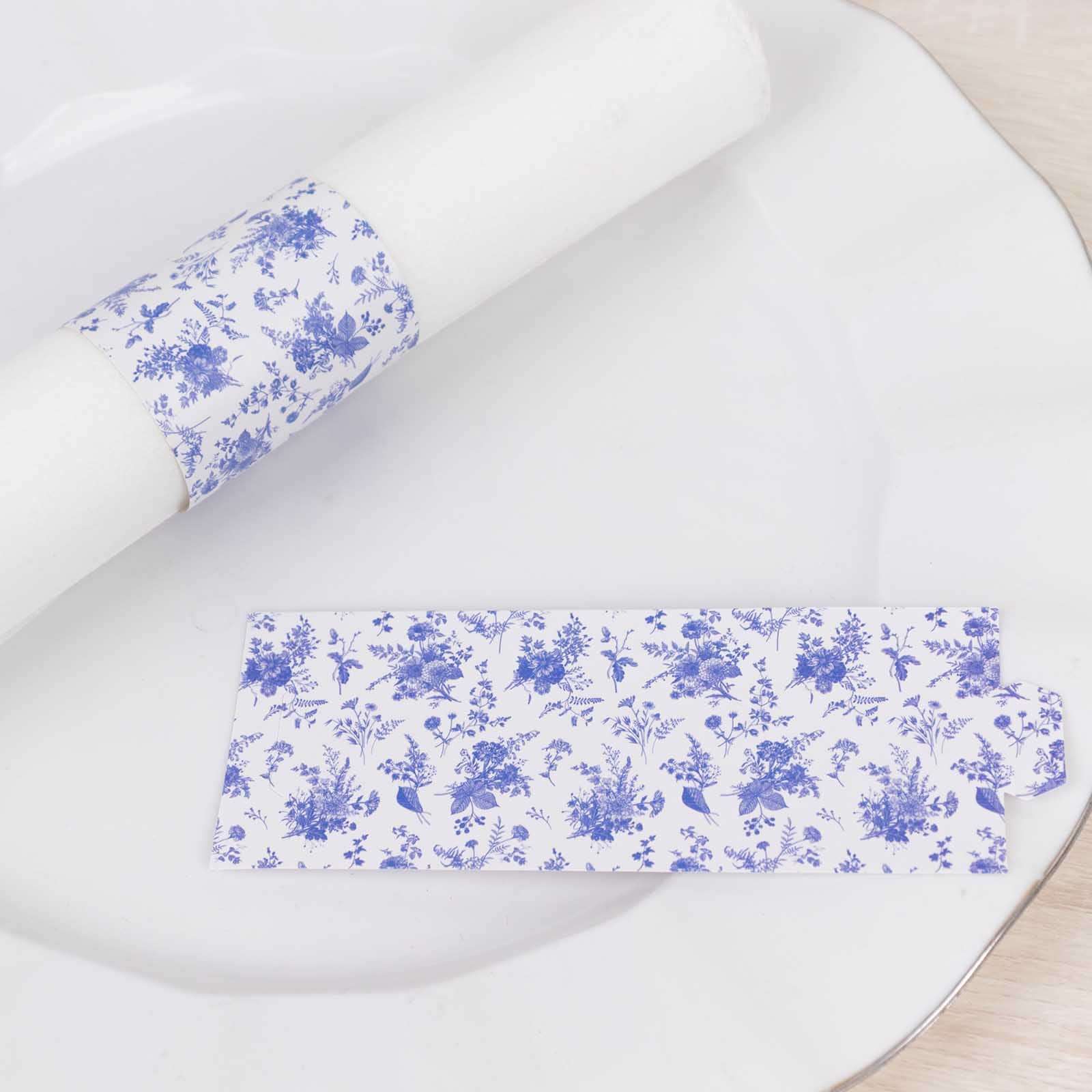 50 Pack White Blue Paper Napkin Holder Bands in French Toile Floral Pattern, Disposable Napkin Rings - 1.5