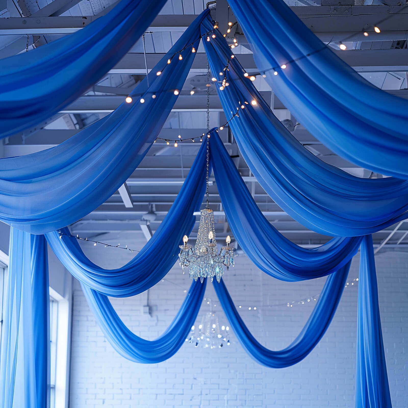 5ftx32ft Premium Royal Blue Chiffon Curtain Panel, Durable Flame Resistant Backdrop Ceiling Drapery With Rod Pocket