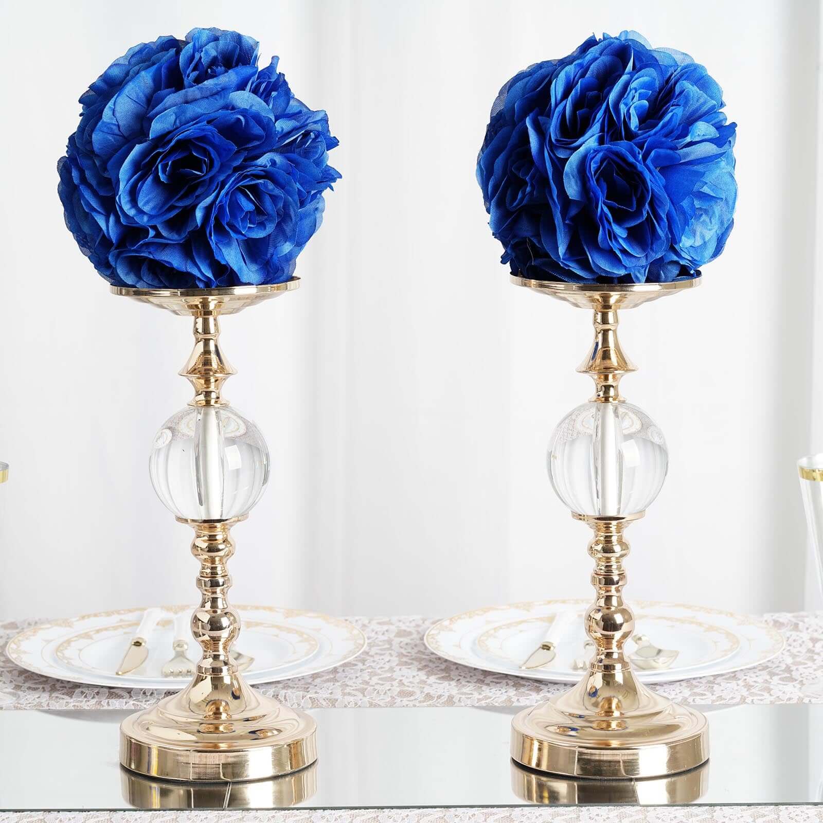 2 Pack 7 Royal Blue Artificial Silk Rose Kissing Ball, Faux Flower Ball