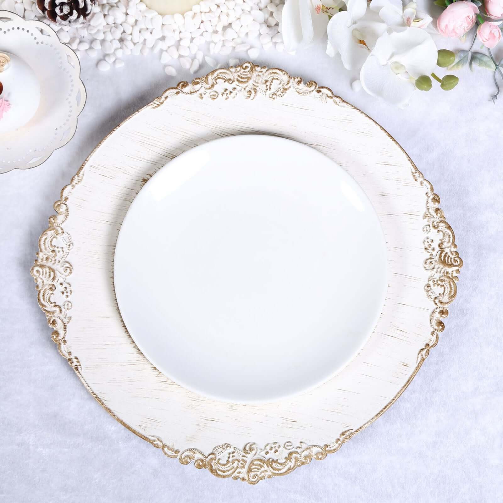 6-Pack Acrylic Round Charger Plates 13 in White Washed with Gold Embossed Baroque Rim, Antique Decorative Dinner Party Charger Tableware