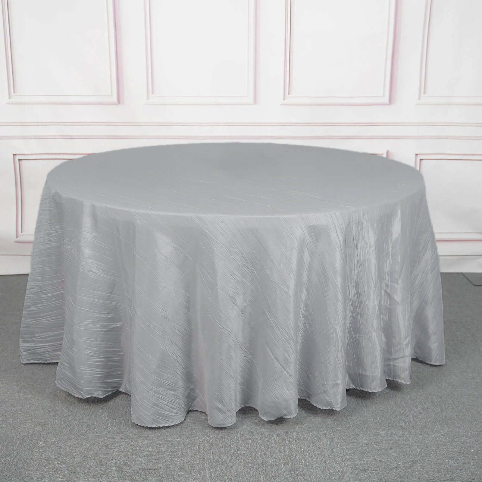 Taffeta 120 Round Tablecloth Silver - Seamless Accordion Crinkle Table Cover