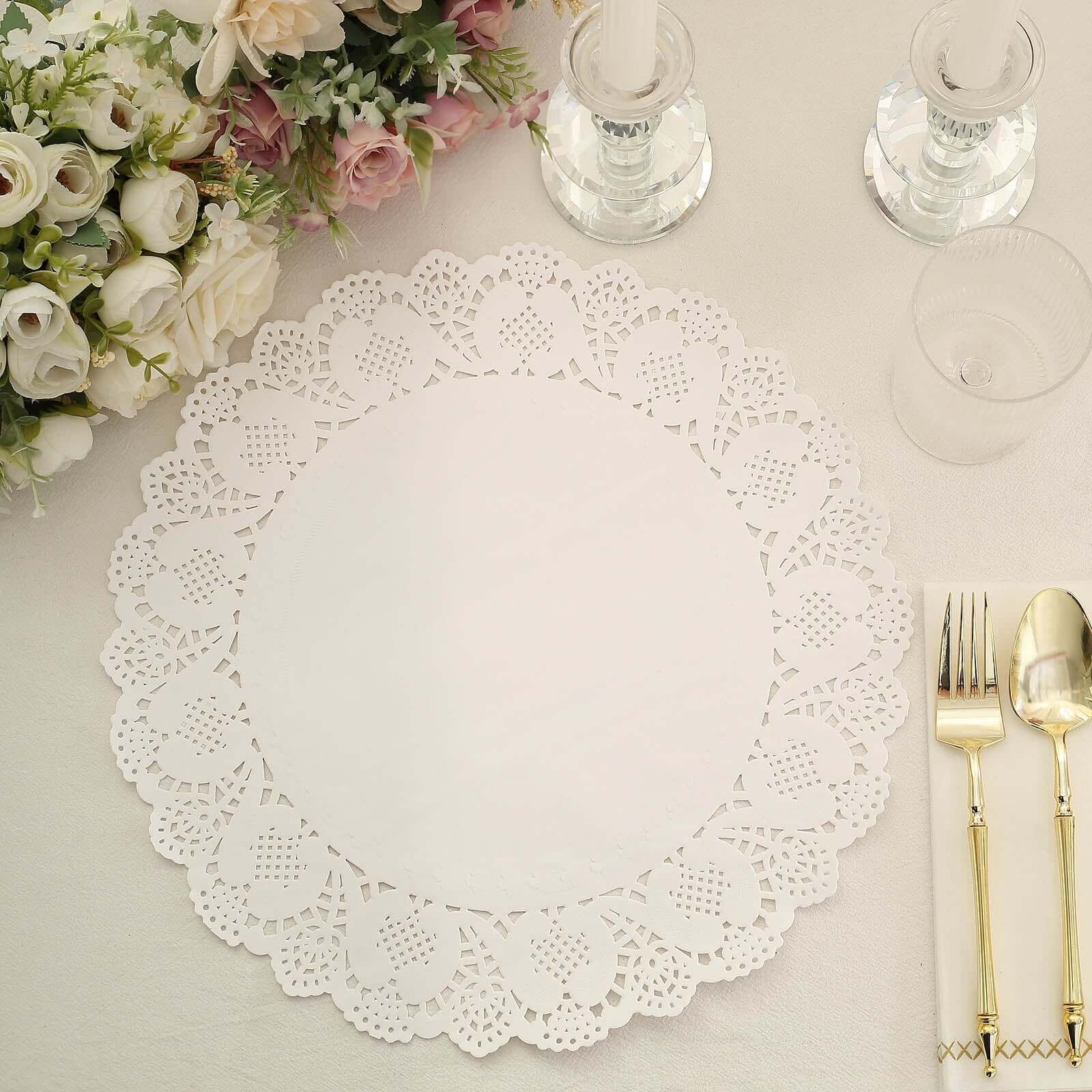 100 Pcs Paper 12 Round Placemats in White - Food Grade Lace Paper Doilies for Dessert Display & Table Decor