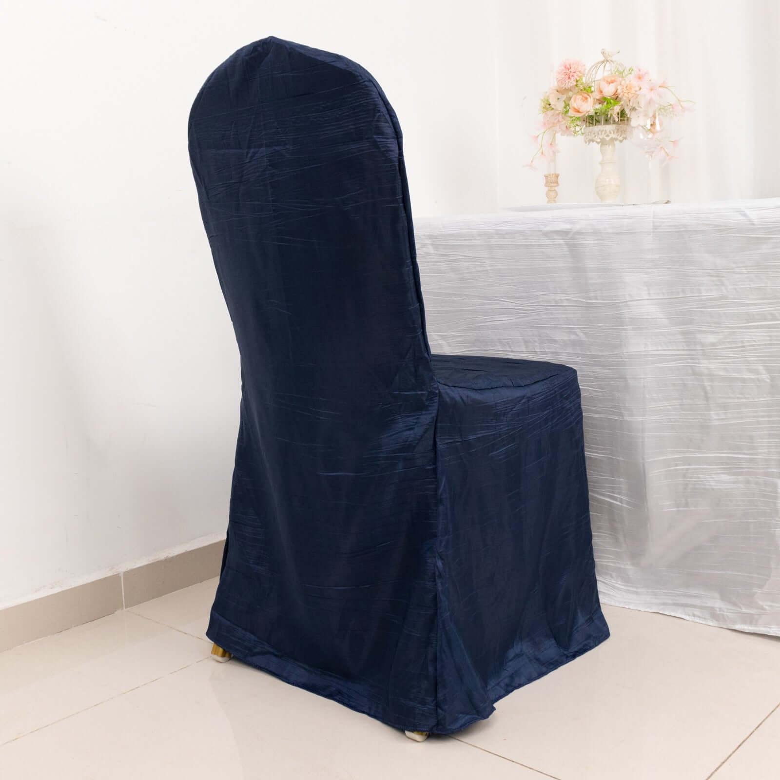 Crinkle Crushed Taffeta Chair Cover for Banquet Chairs Navy Blue - Reusable Slipcover