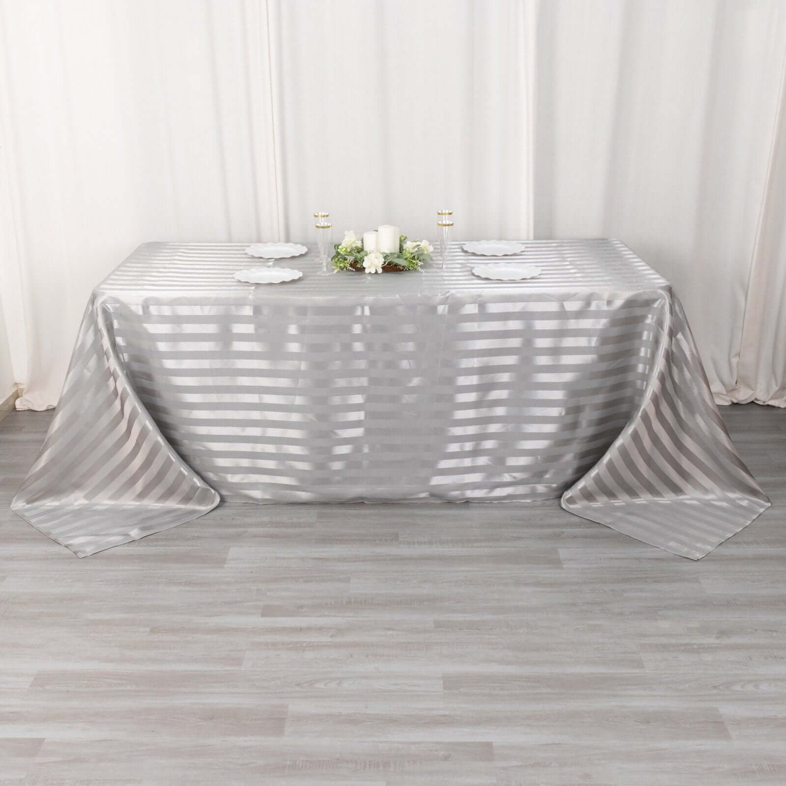 Satin Striped 90x132 Rectangular Tablecloth Silver Satin Stripe - Seamless Silky Smooth Table Cover