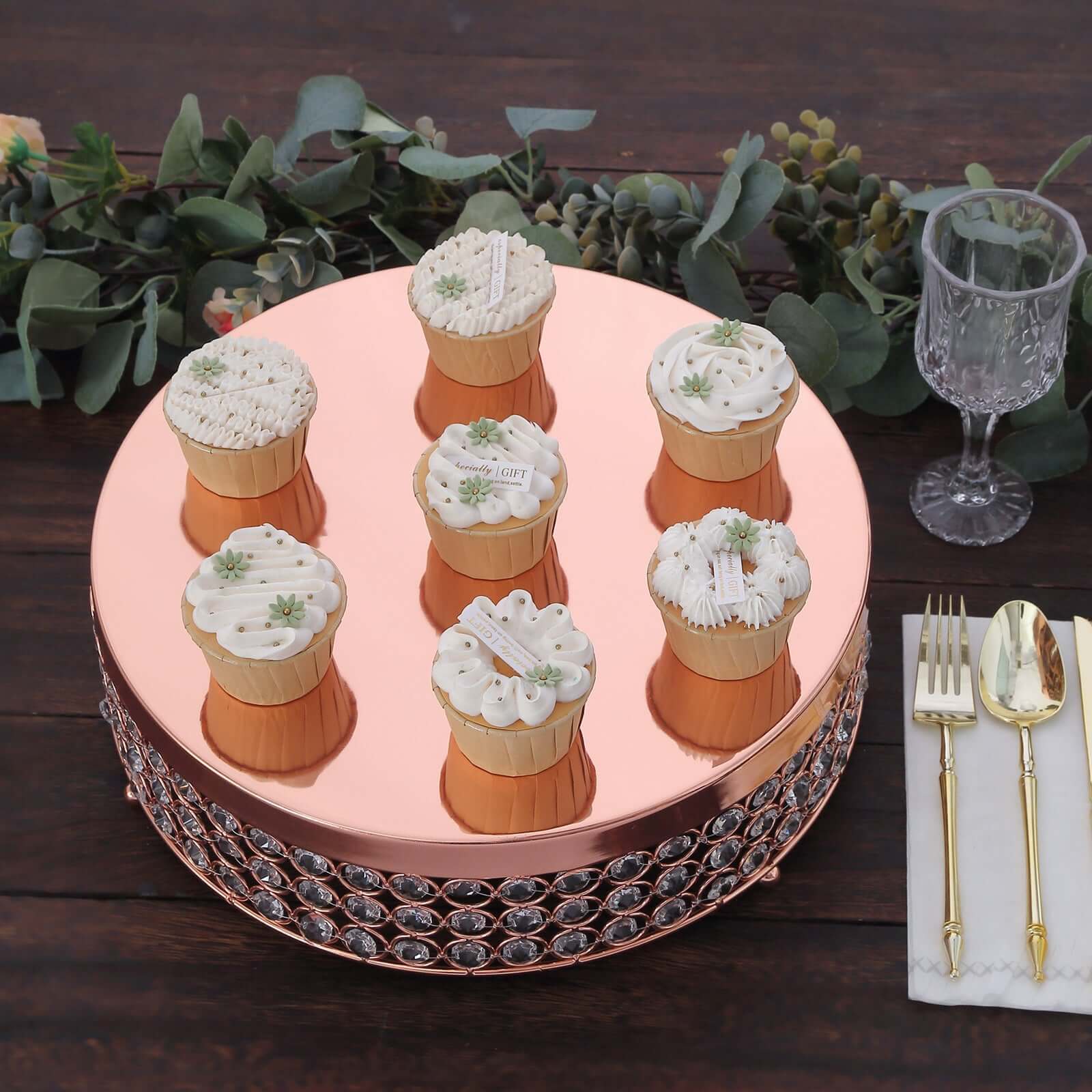 Metal Cake Stand Pedestal Crystal Beaded Design Rose Gold - Cupcake Display and Dessert Riser 13