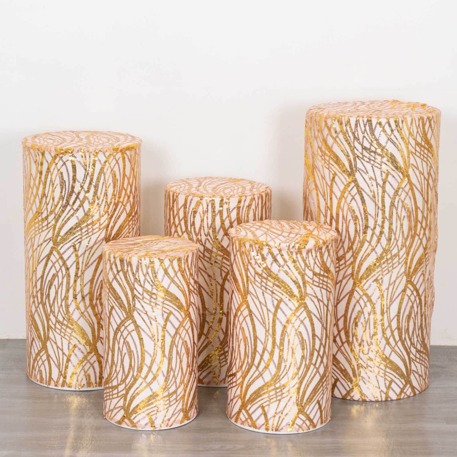 Set of 5 Rose Gold Wave Mesh Cylinder Pedestal Stand Covers with Embroidered Sequins, Pillar Prop Covers - 160 GSM