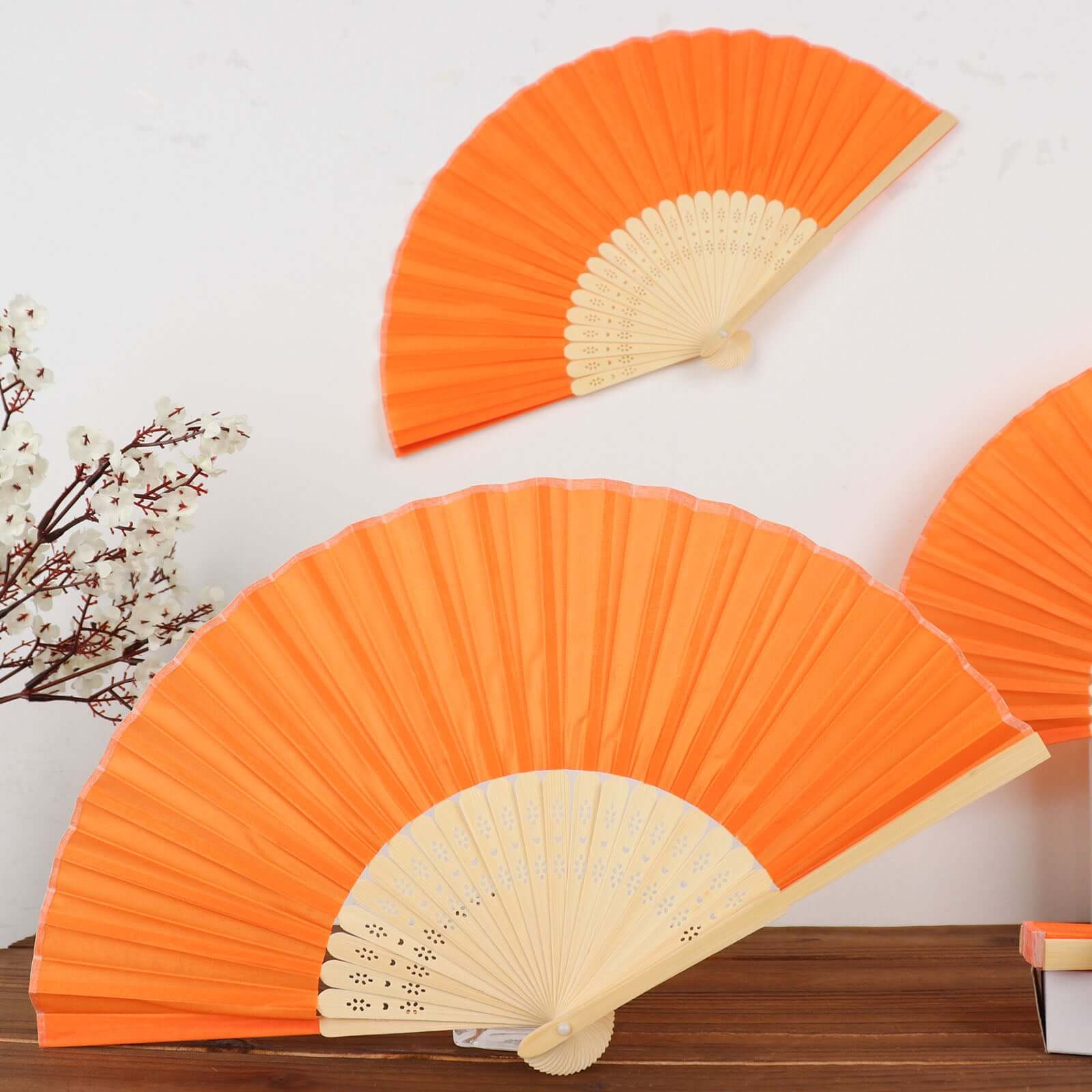 5 Pack Orange Asian Silk Folding Fans Party Favors, Oriental Folding Fan Favors