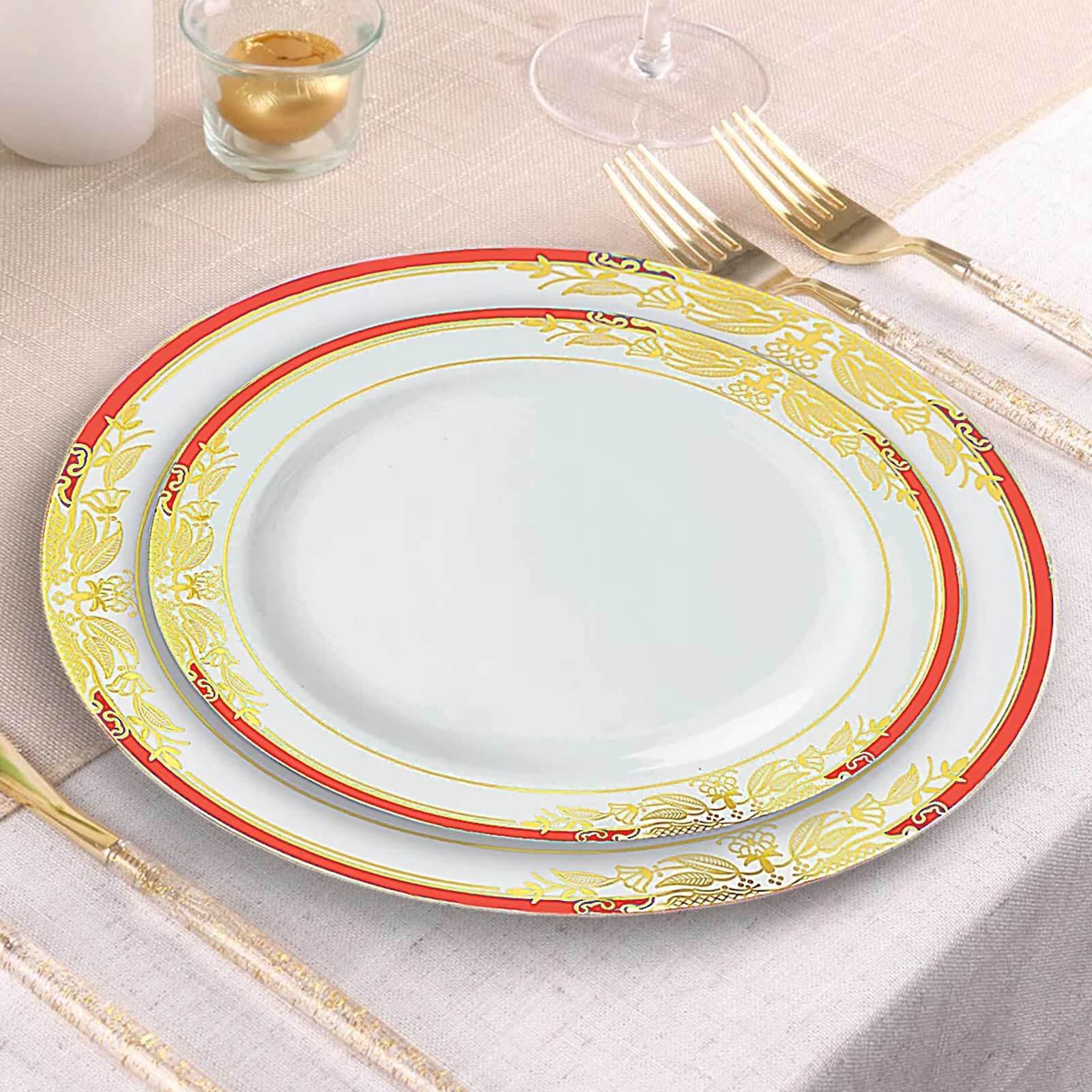 10-Pack Plastic 8 Round Dessert Plates in White with Red Rim - Stylish Gold Vine Design Disposable Salad/Appetizer Plates for Special Occasions & Celebrations