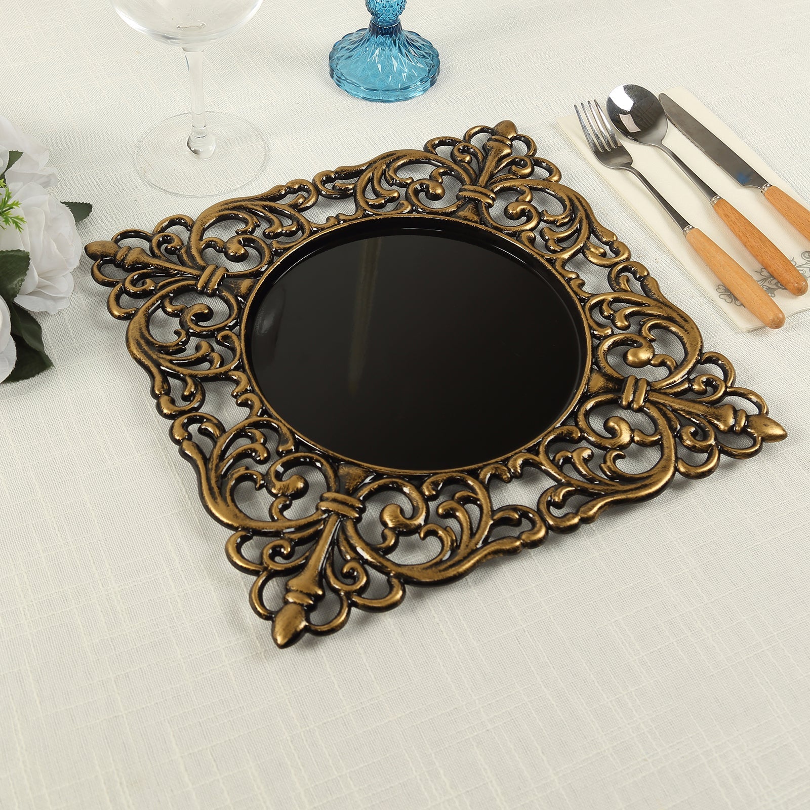 6-Pack Acrylic Square Charger Plates 12 in Black with Antique Gold Hollow Lace Border, Event Tabletop Decorative Charger Tableware