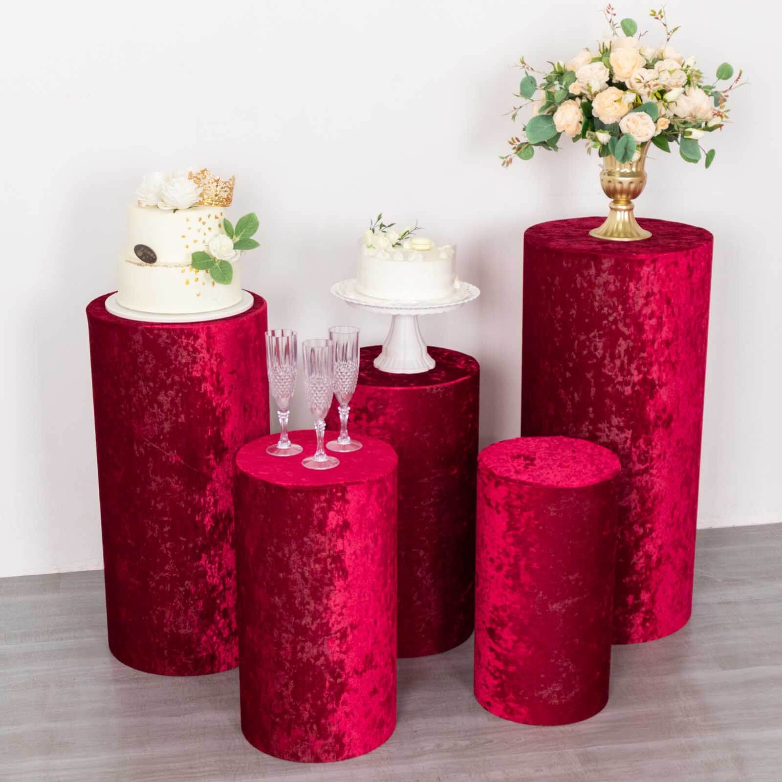 Set of 5 Red Crushed Velvet Cylinder Pedestal Stand Covers, Premium Pillar Prop Covers