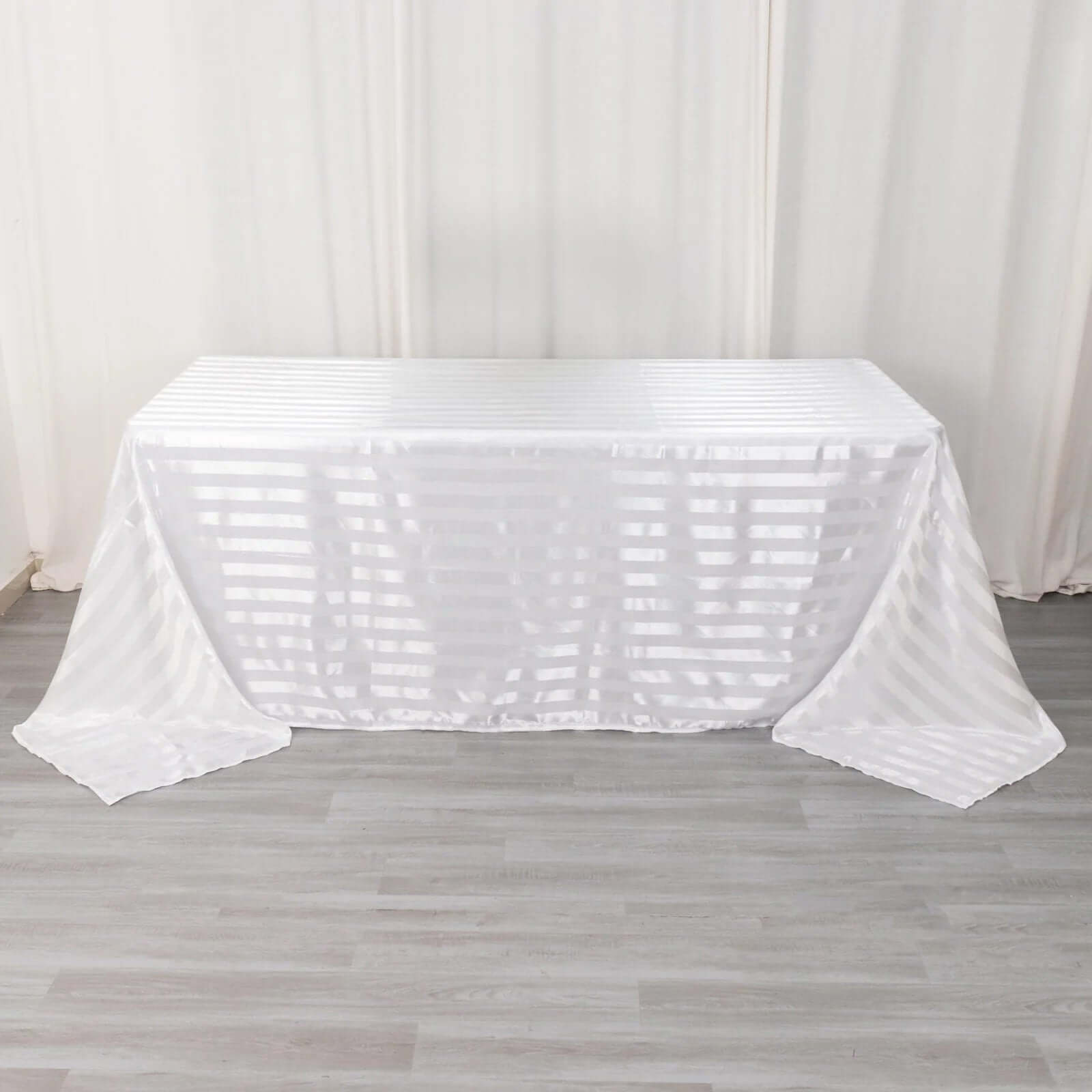 Satin Striped 90x132 Rectangular Tablecloth White Satin Stripe - Seamless Silky Smooth Wedding Decor