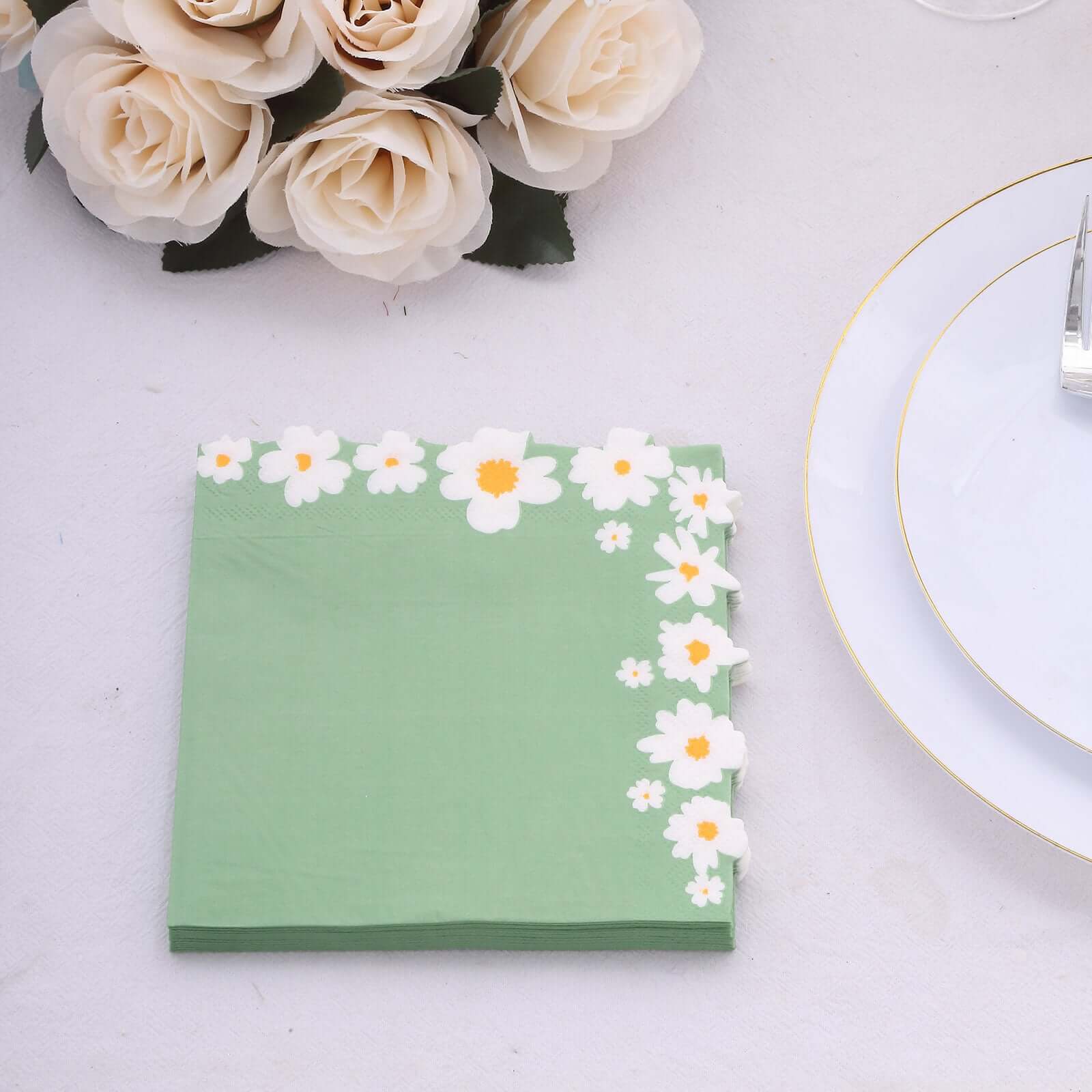 50-Pack Paper Beverage Napkins with Daisy Flower Design Sage Green - 2 Ply Soft 18GSM Floral Wedding Napkins 6.5x6.5