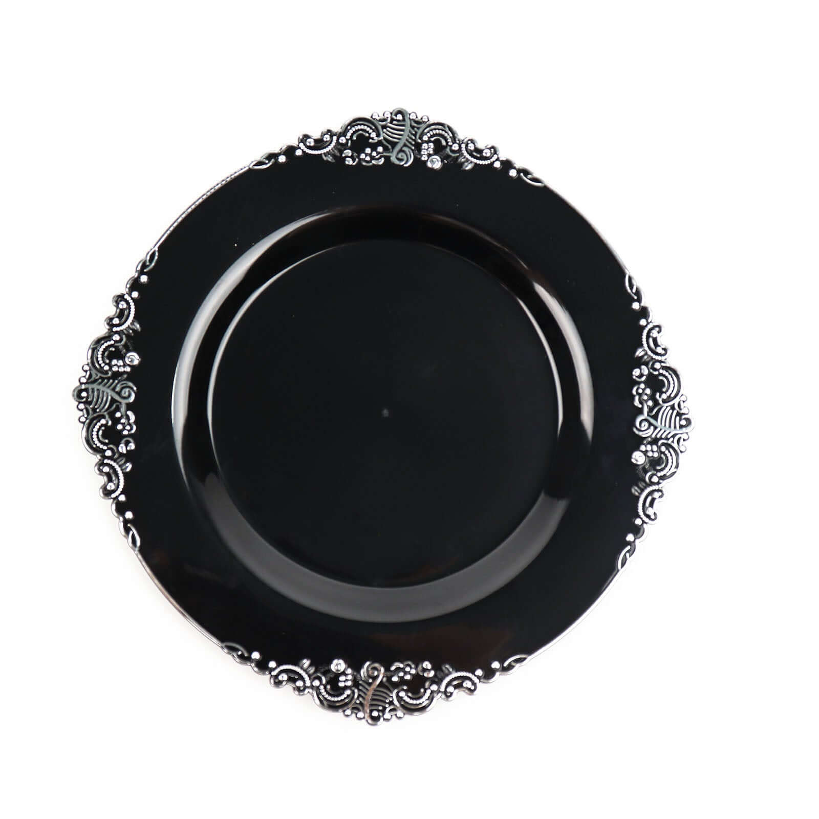 10-Pack Plastic 8 Round Dessert Plates in Black with Silver Leaf Embossed Rim - Disposable Vintage Baroque Style Salad Plates