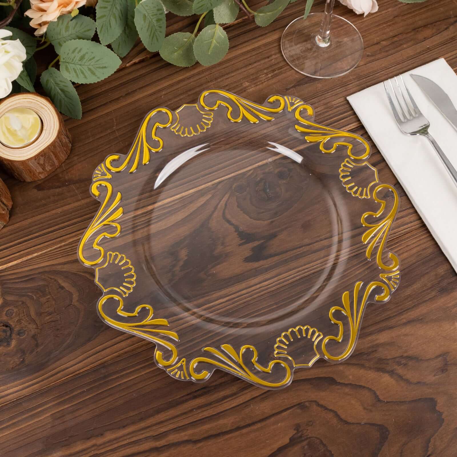 10-Pack Plastic 10 Round Dinner Plates in Clear with Gold Vintage Baroque Scalloped Rim - European Style Disposable Party Plates