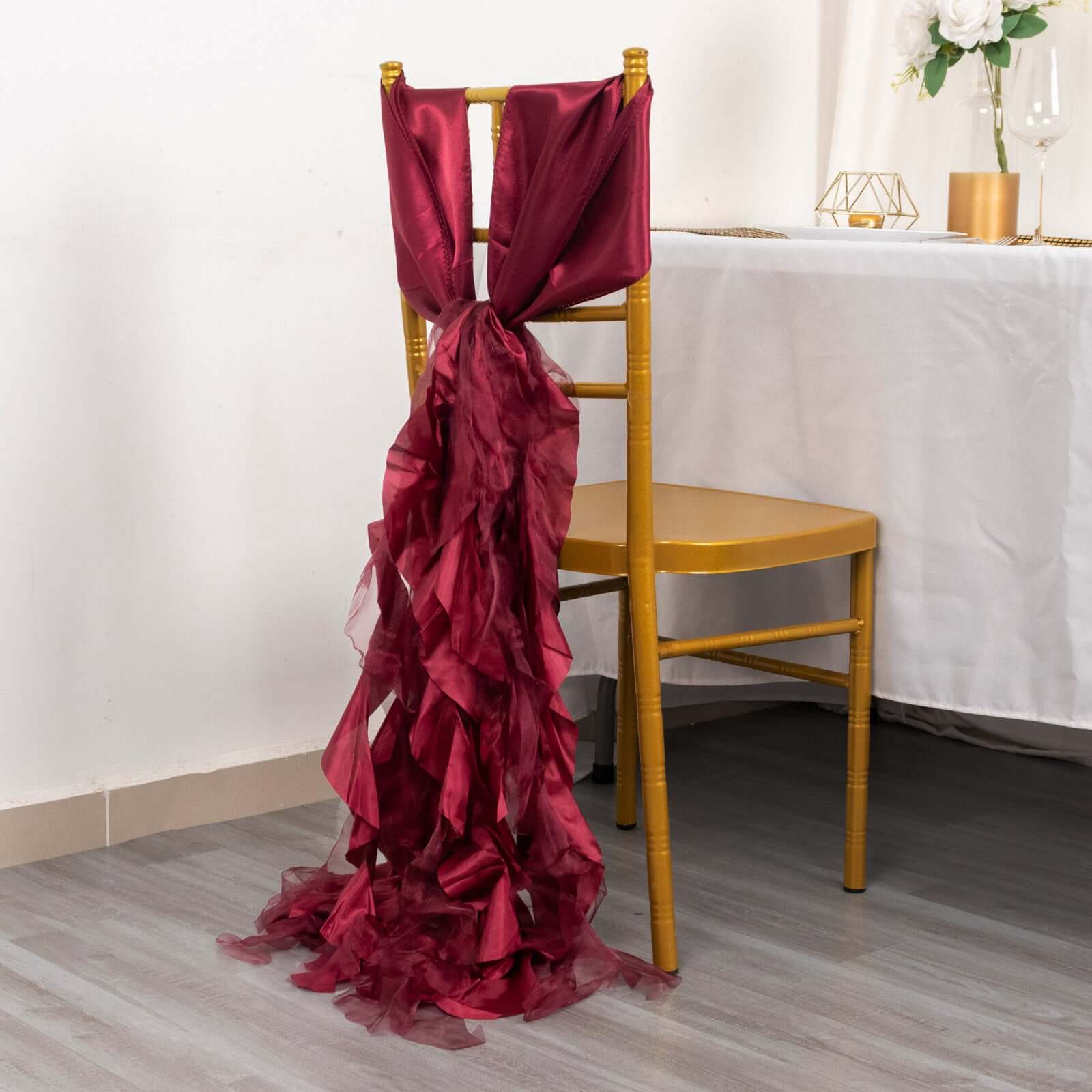 5 Pack Chiffon Satin Chair Sashes Burgundy - Easy to Install Ruffled Curly Willow