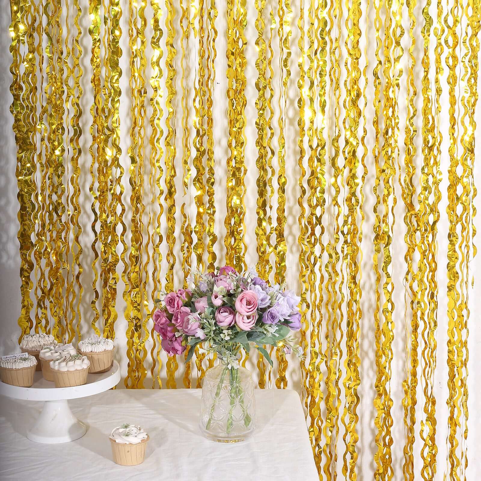 Metallic Gold Wavy Foil Fringe Party Backdrop, Curly Tinsel Streamer Photo Booth Curtain - 3ftx6ft