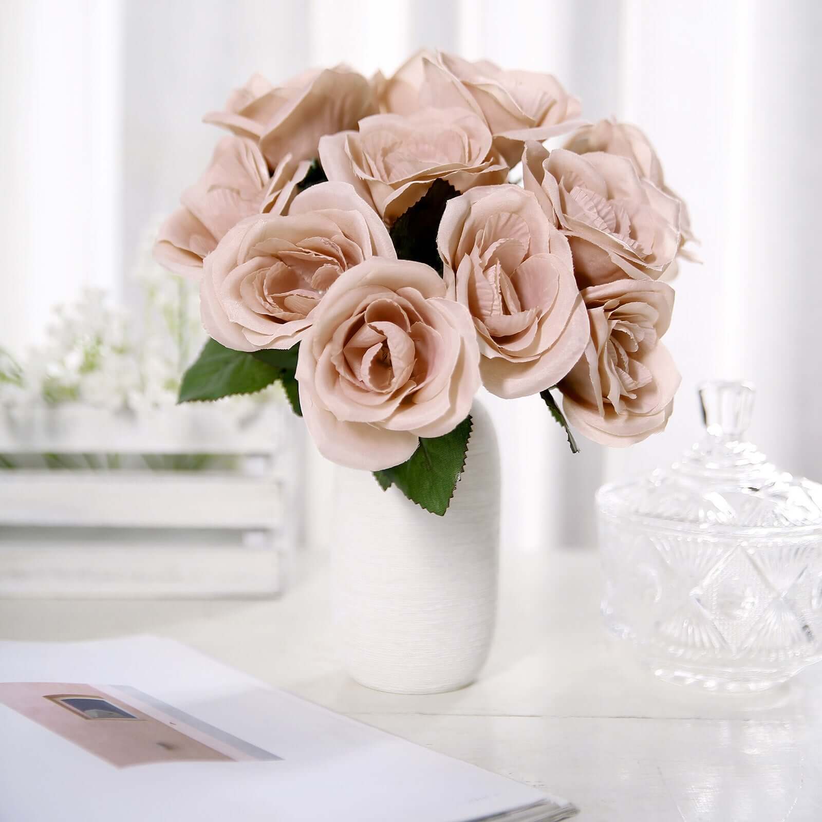 12 Dusty Rose Artificial Velvet-Like Fabric Rose Flower Bouquet Bush