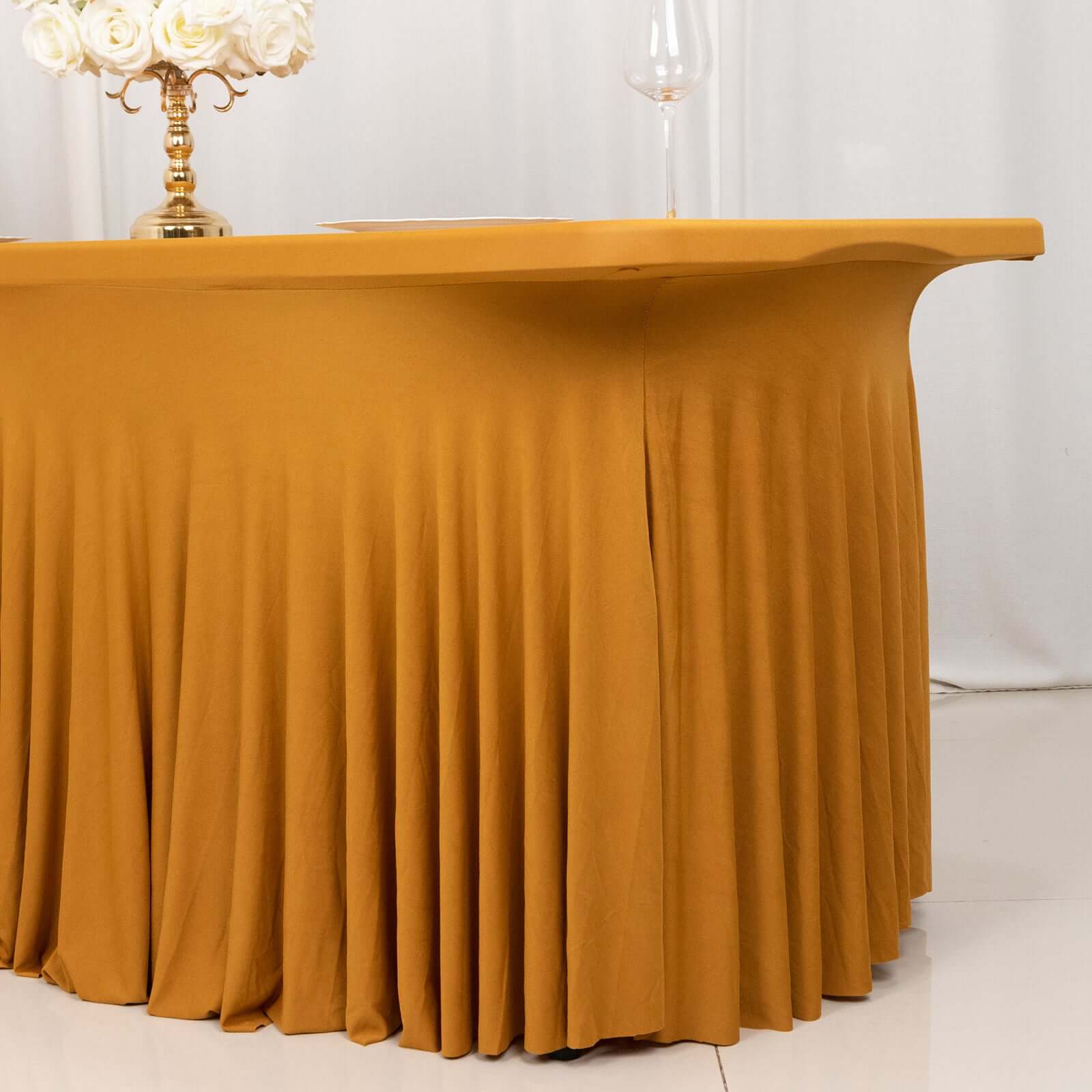 Spandex Rectangle 72x30 Table Skirt Gold with Wavy Skirt-Like Effect Stylish Table Cover for Weddings, Banquets & Trade Shows