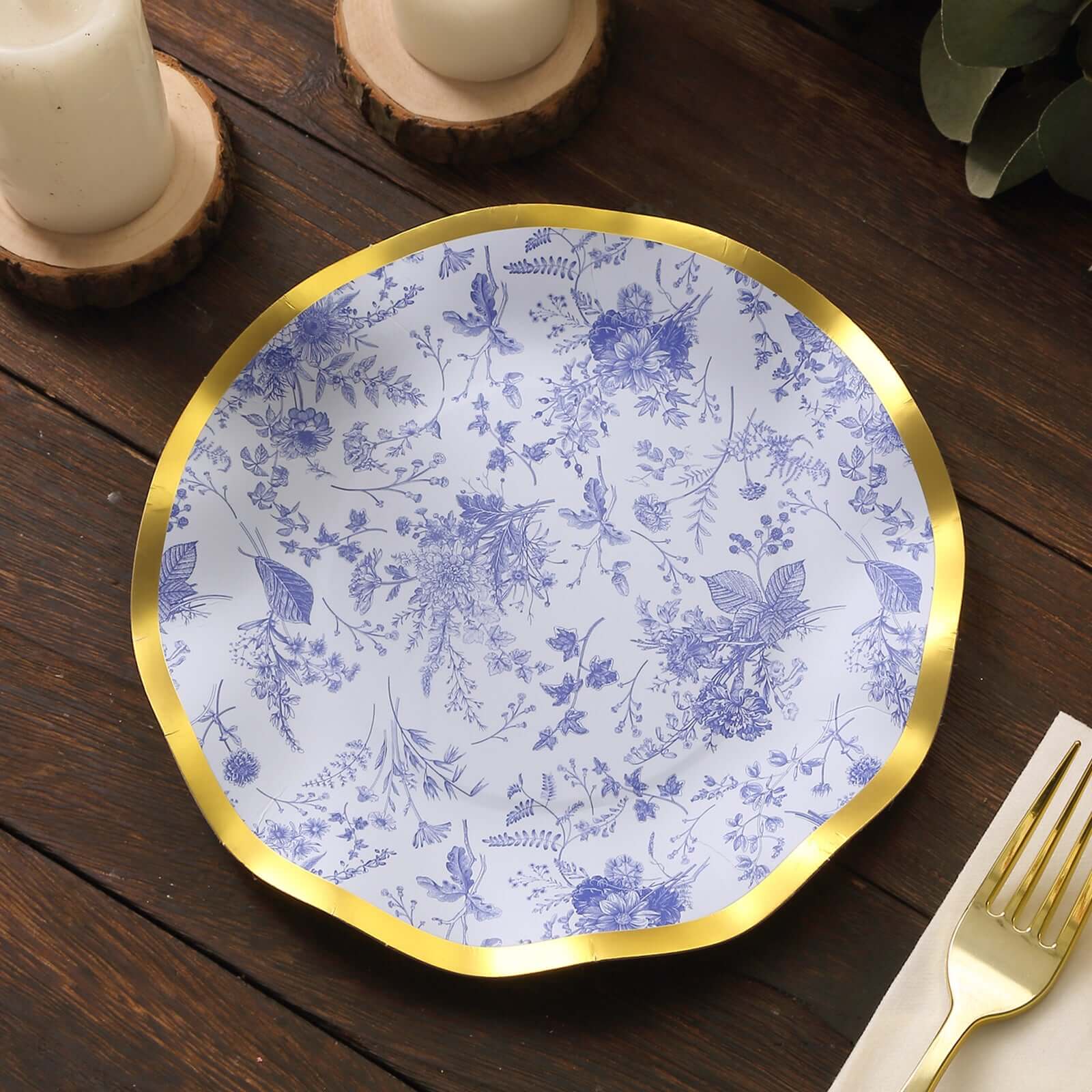 25-Pack Paper Round Dessert Plates 8 in White with Blue French Toile Pattern & Gold Wavy Rim - Disposable 350GSM Salad Plates