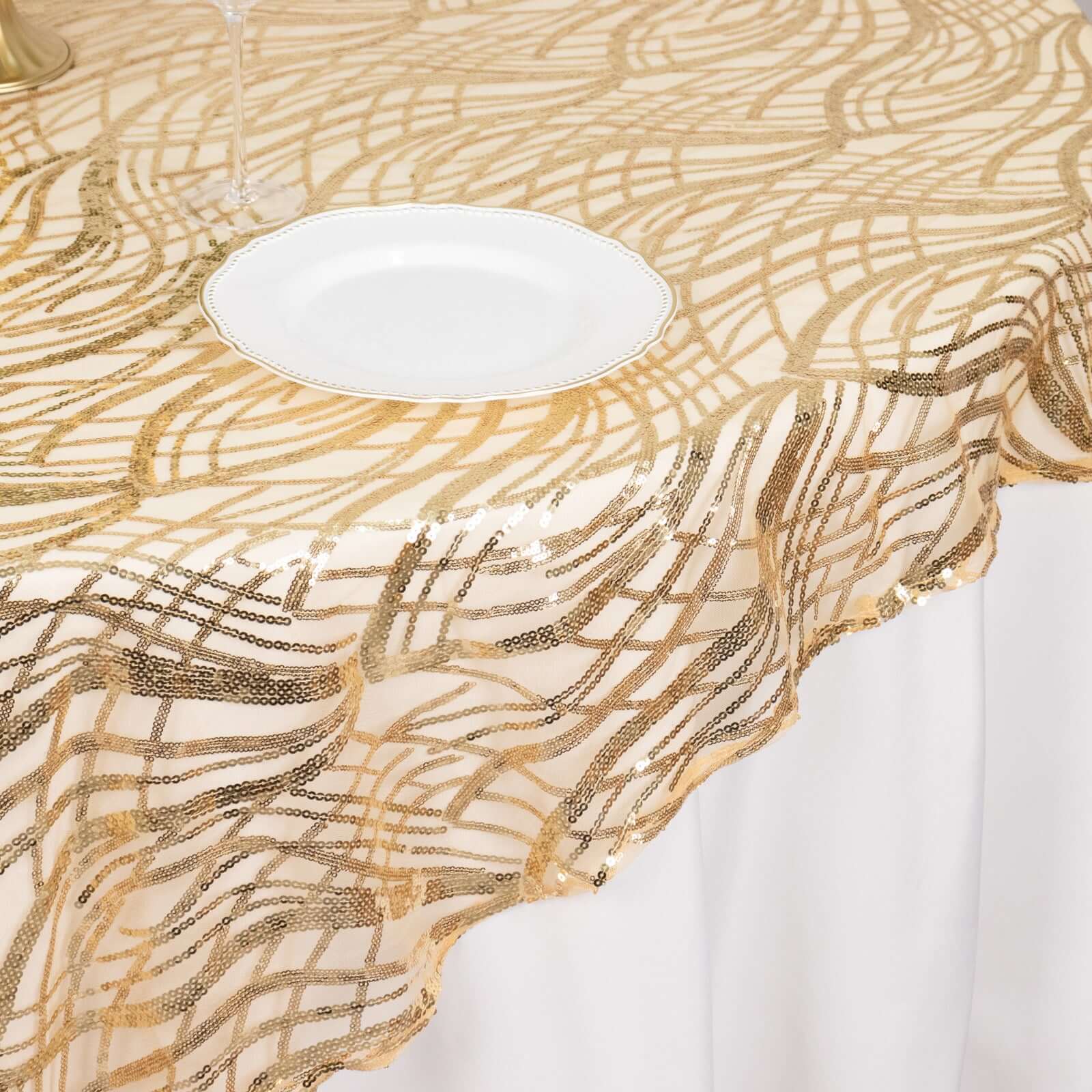 Mesh 72x72 Table Overlay Square Tablecloth Champagne - Wave Embroidered Sequins Table Topper