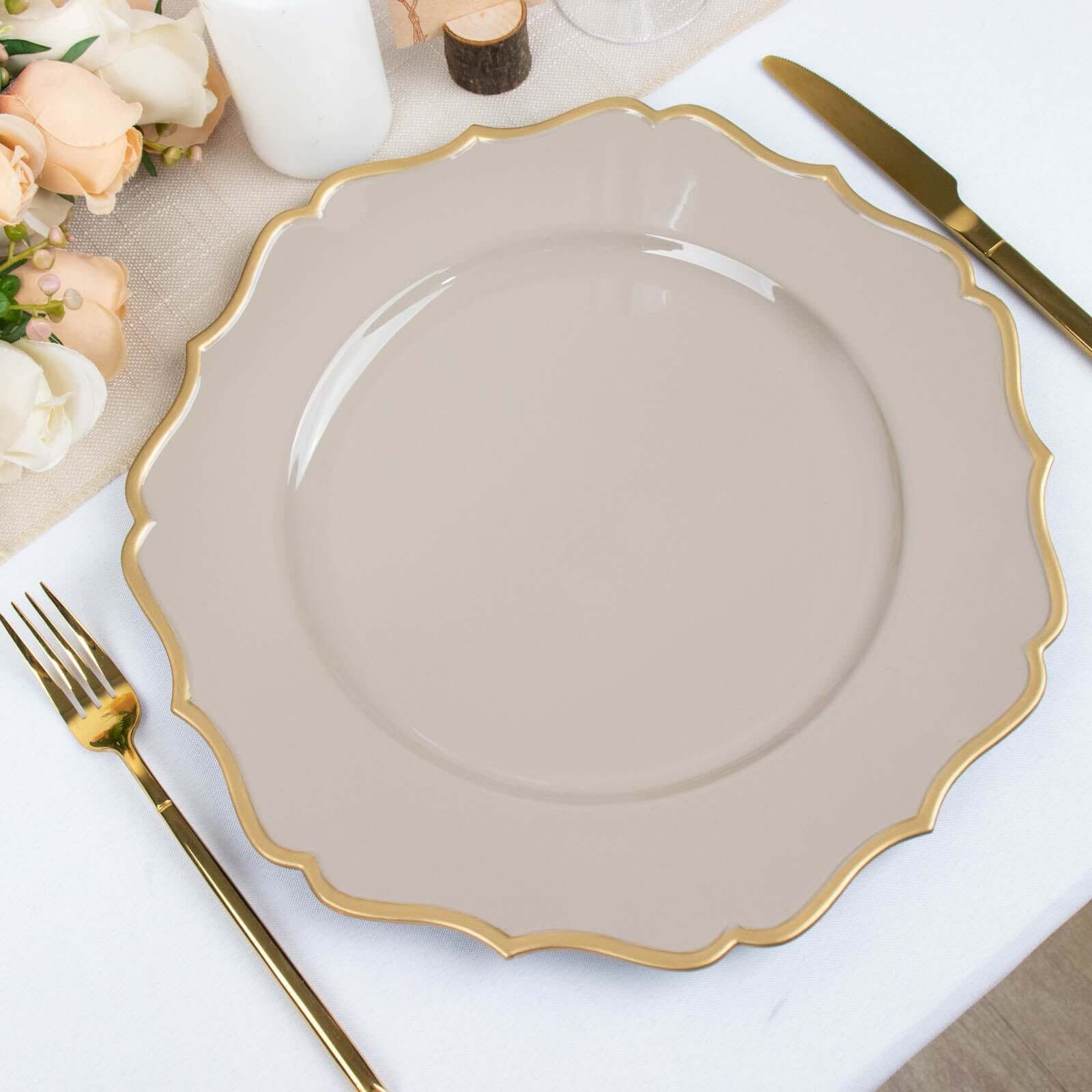 6-Pack Acrylic Round Charger Plates 13 in Taupe with Gold Scalloped Rim, Decorative Dinner Party Plastic Charger Tableware