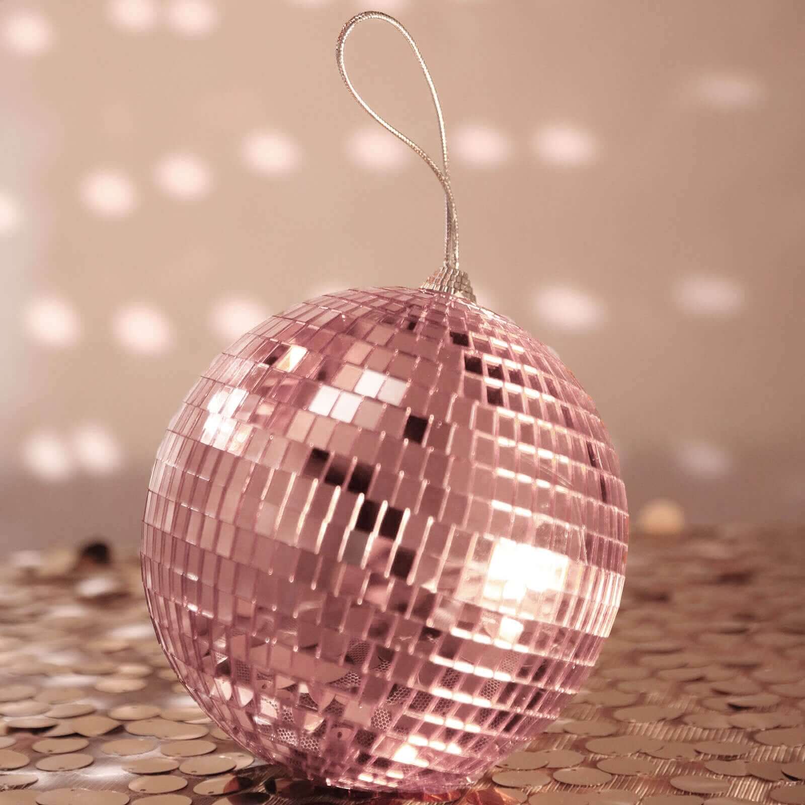 4 Pack 6 Rose Gold Foam Disco Mirror Ball With Hanging Strings, Holiday Christmas Ornaments