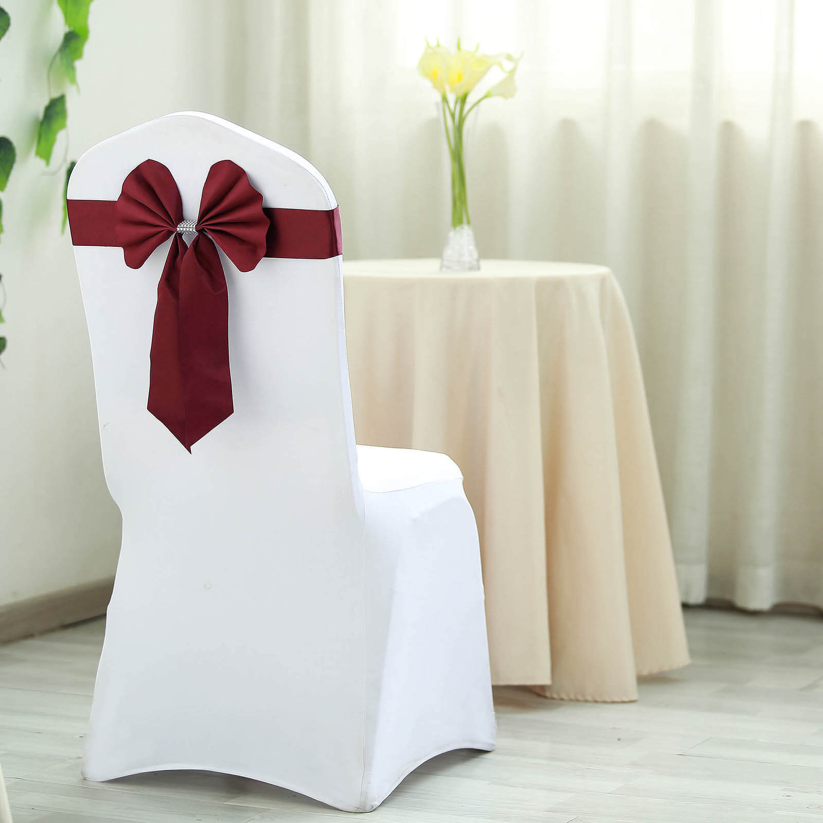 5 Pack Satin Faux Leather Chair Sashes Burgundy - Durable Double Sided Pre-tied Bow Tie Chair Bands with Diamond Rhinestone Buckles