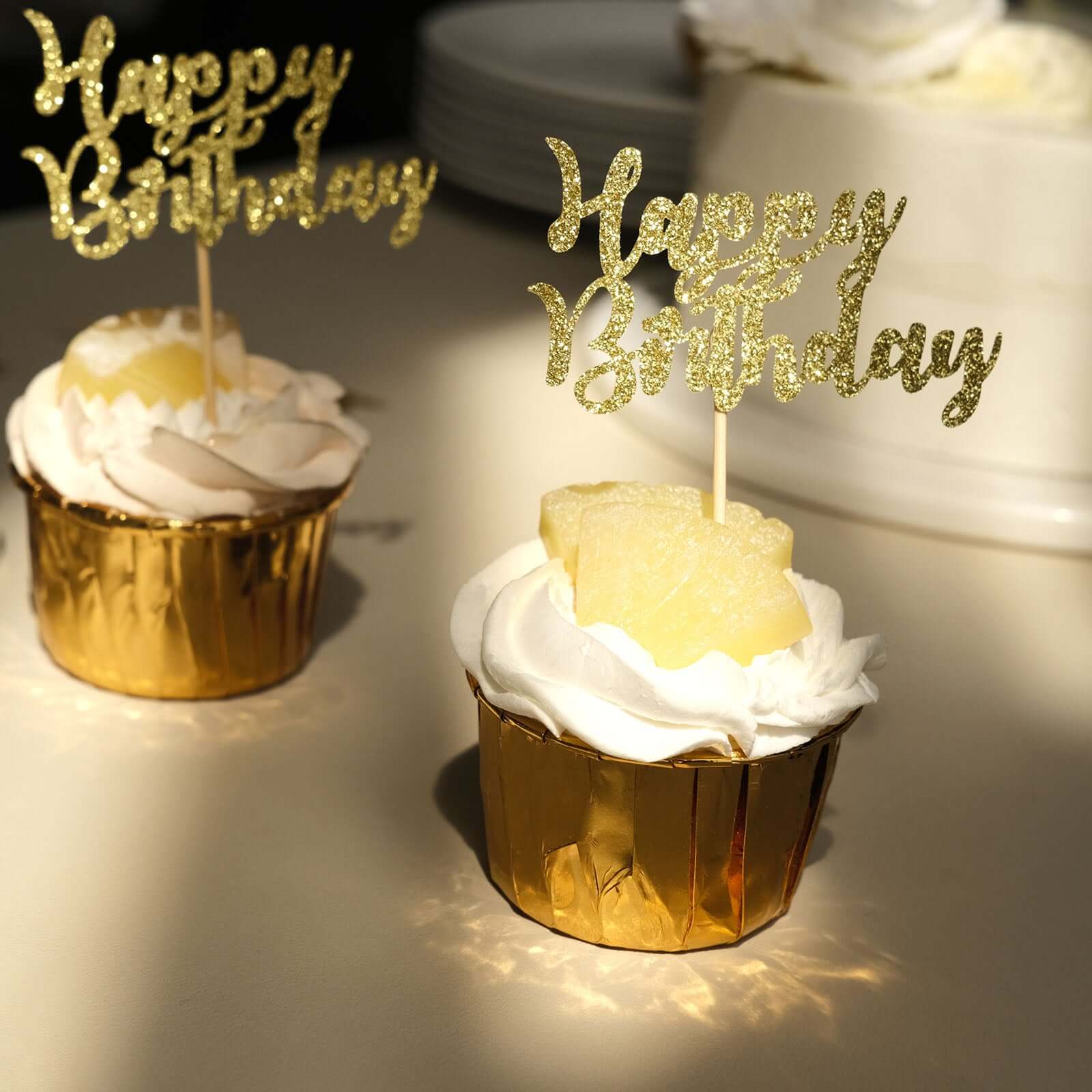 24-Pack Cupcake Toppers Happy Birthday Design Glitter Gold - Party Cake Picks Decoration Supplies