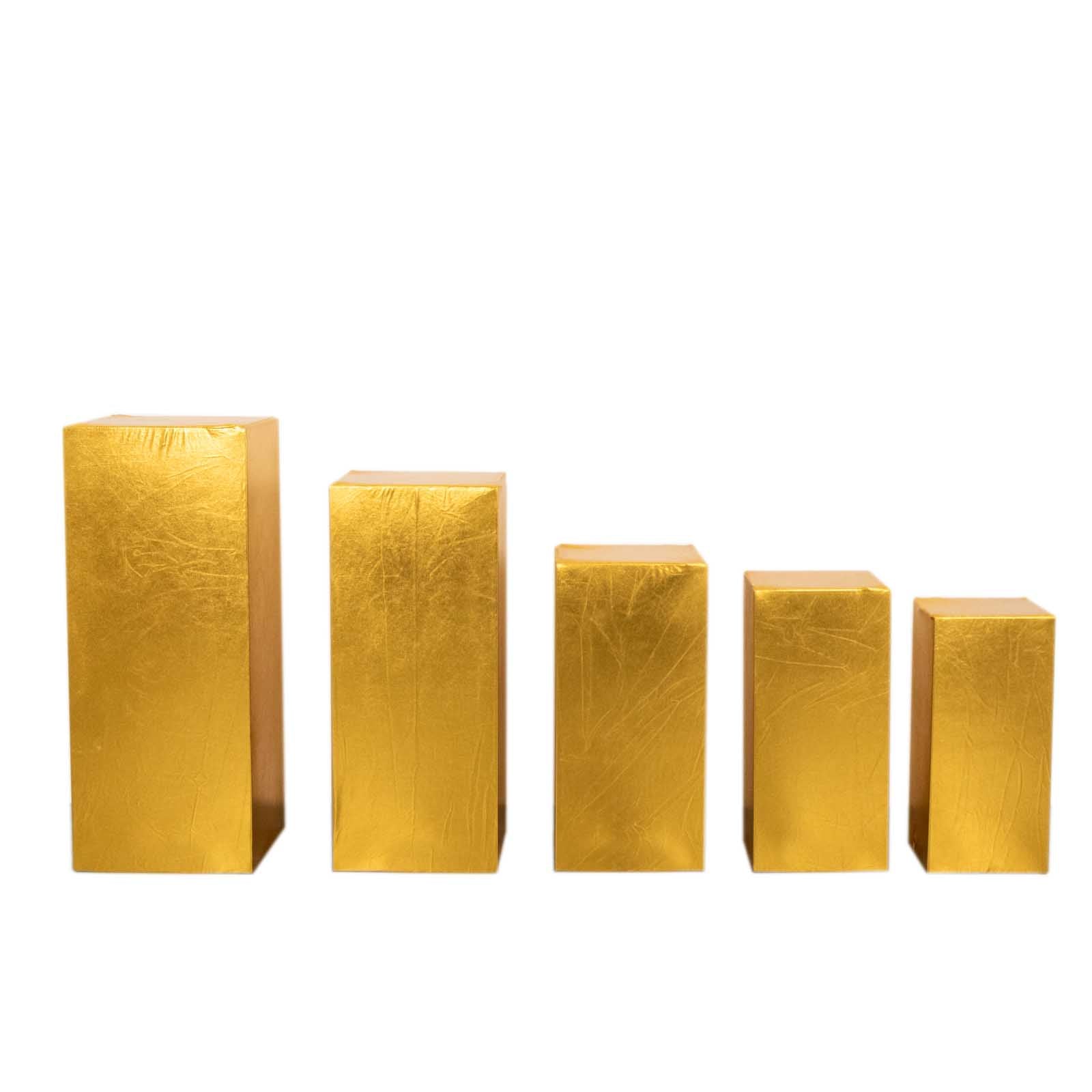 Set of 5 Metallic Gold Spandex Rectangle Pedestal Stand Covers, Stretchable Pillar Prop Covers - 160 GSM