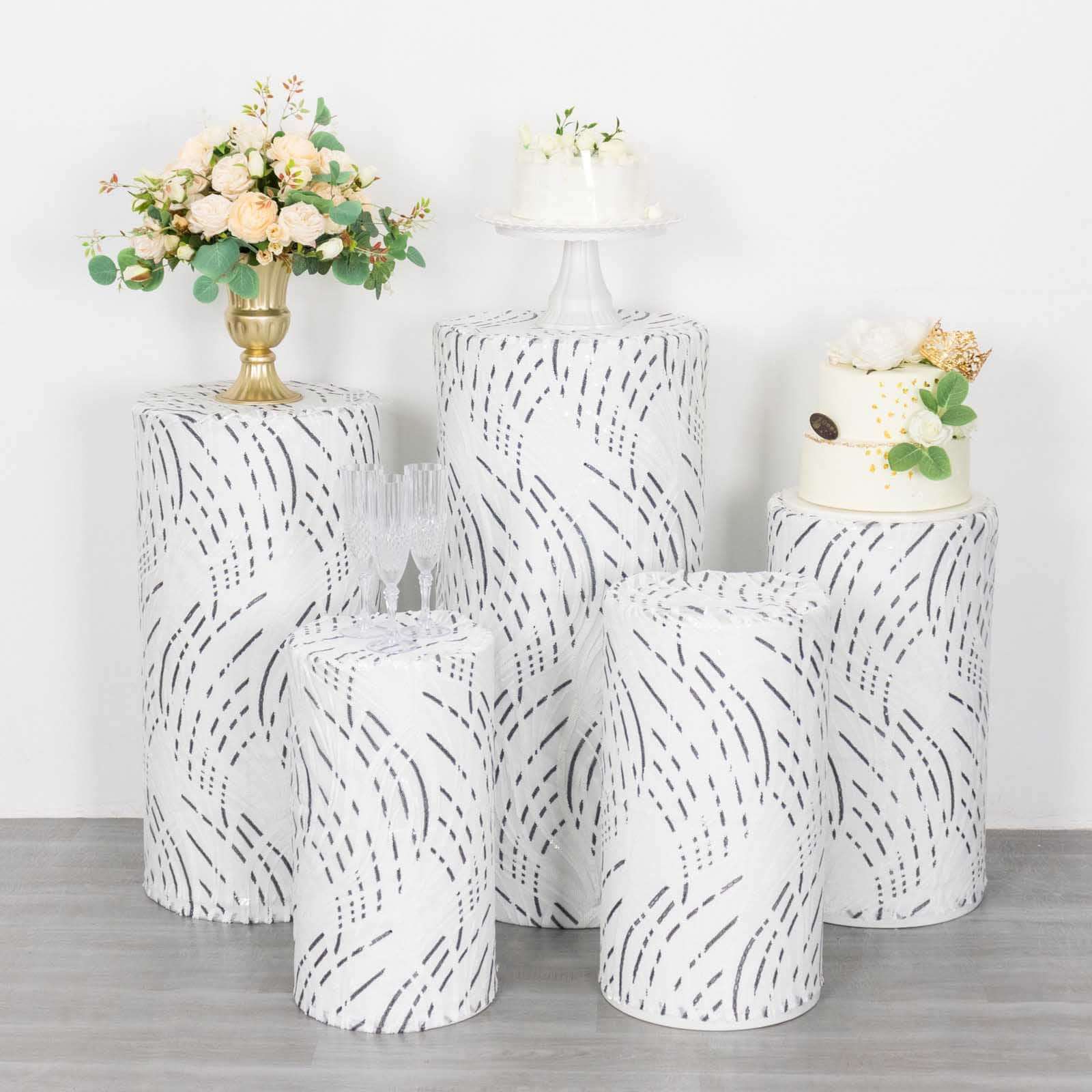 Set of 5 White Wave Mesh Cylinder Pedestal Stand Covers with Embroidered Sequins, Pillar Prop Covers - 160 GSM