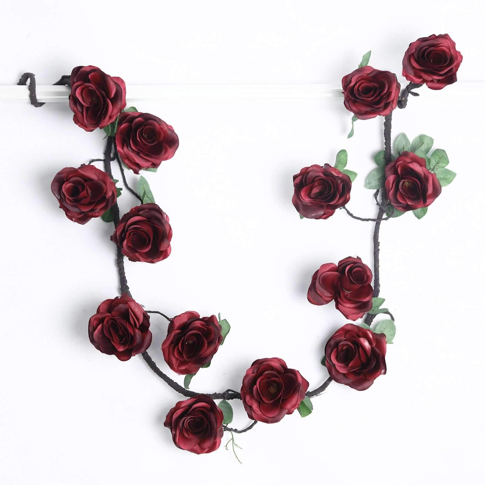 6ft Burgundy Artificial Silk Rose Hanging Flower Garland, Faux Vine