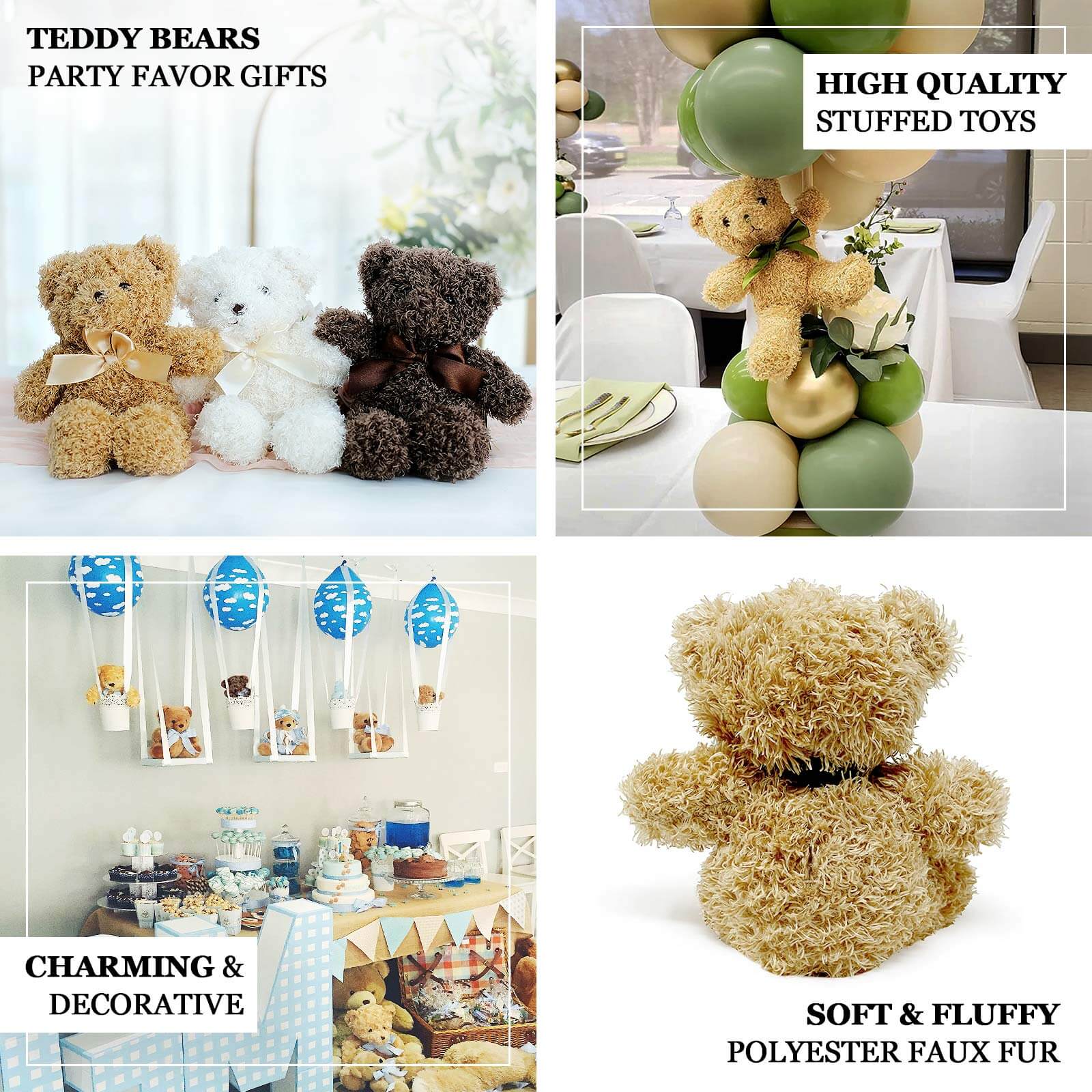 Set of 3 7 Cute Plush Stuffed Teddy Bears Party Favors Centerpiece Decor, Soft Toy Animals Party Decorations - Dark Brown,Ivory,Natural